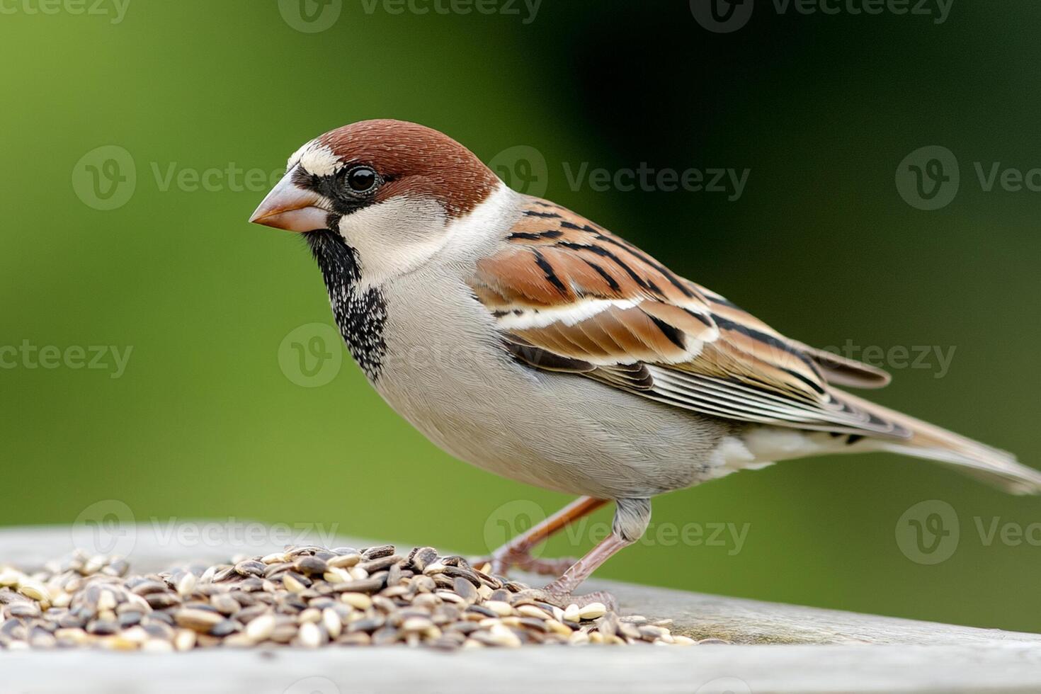 A small bird is eating seeds on a table photo