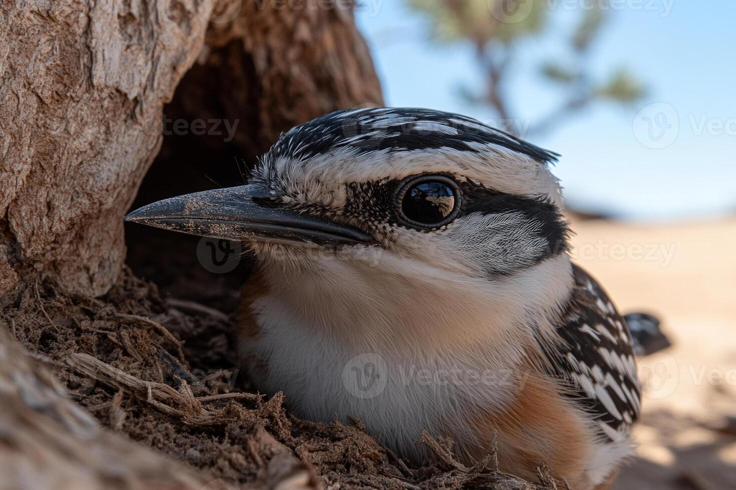 A bird peeking out from a hole in a tree photo