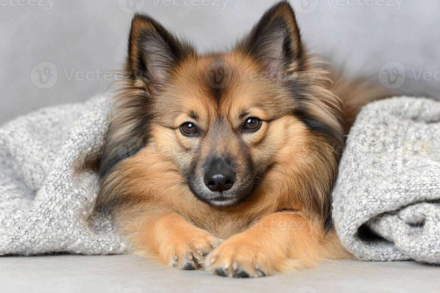 A dog laying on a blanket with its head down photo