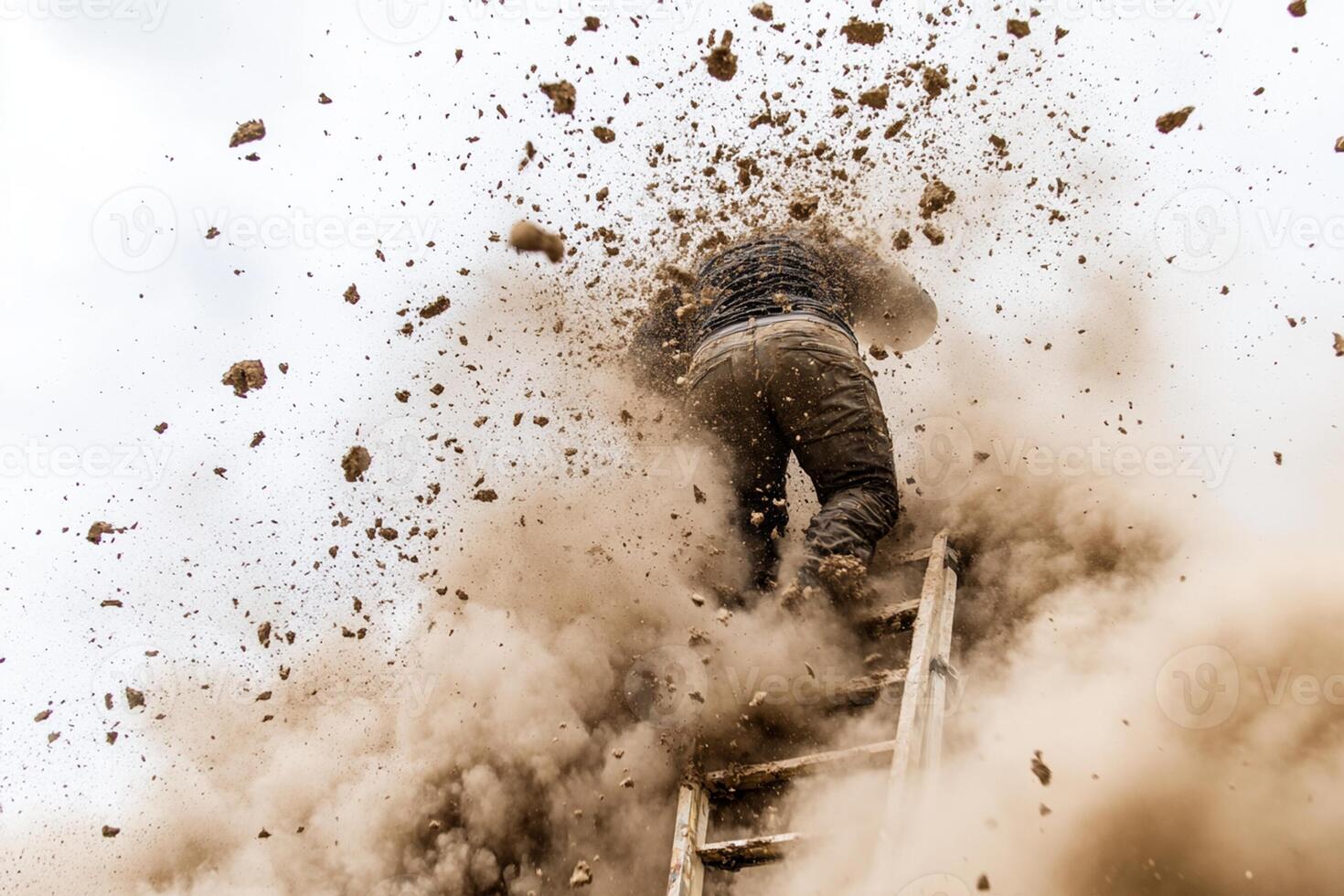 A man climbing up a ladder covered in dust photo