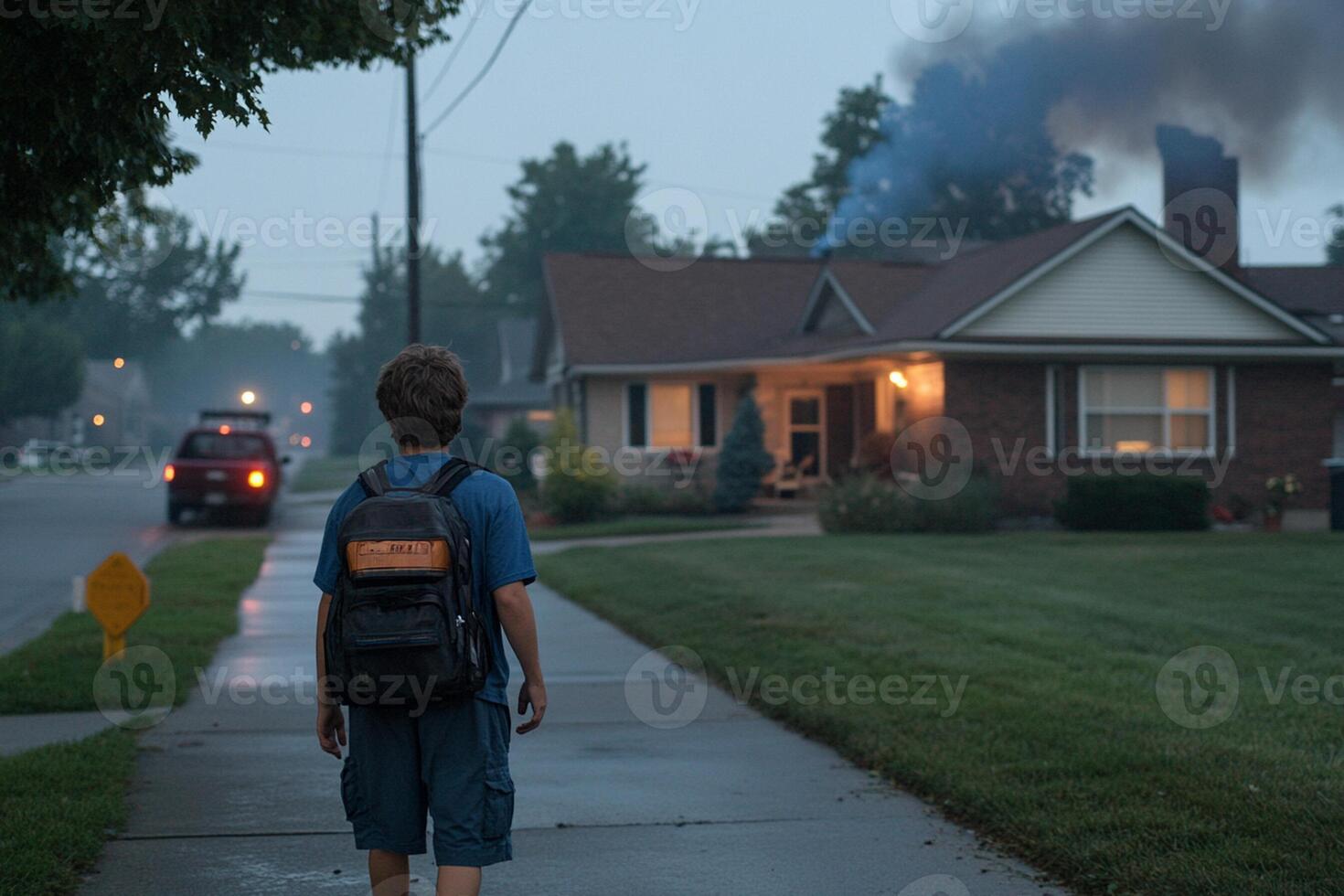 A boy walking down a sidewalk with a backpack photo