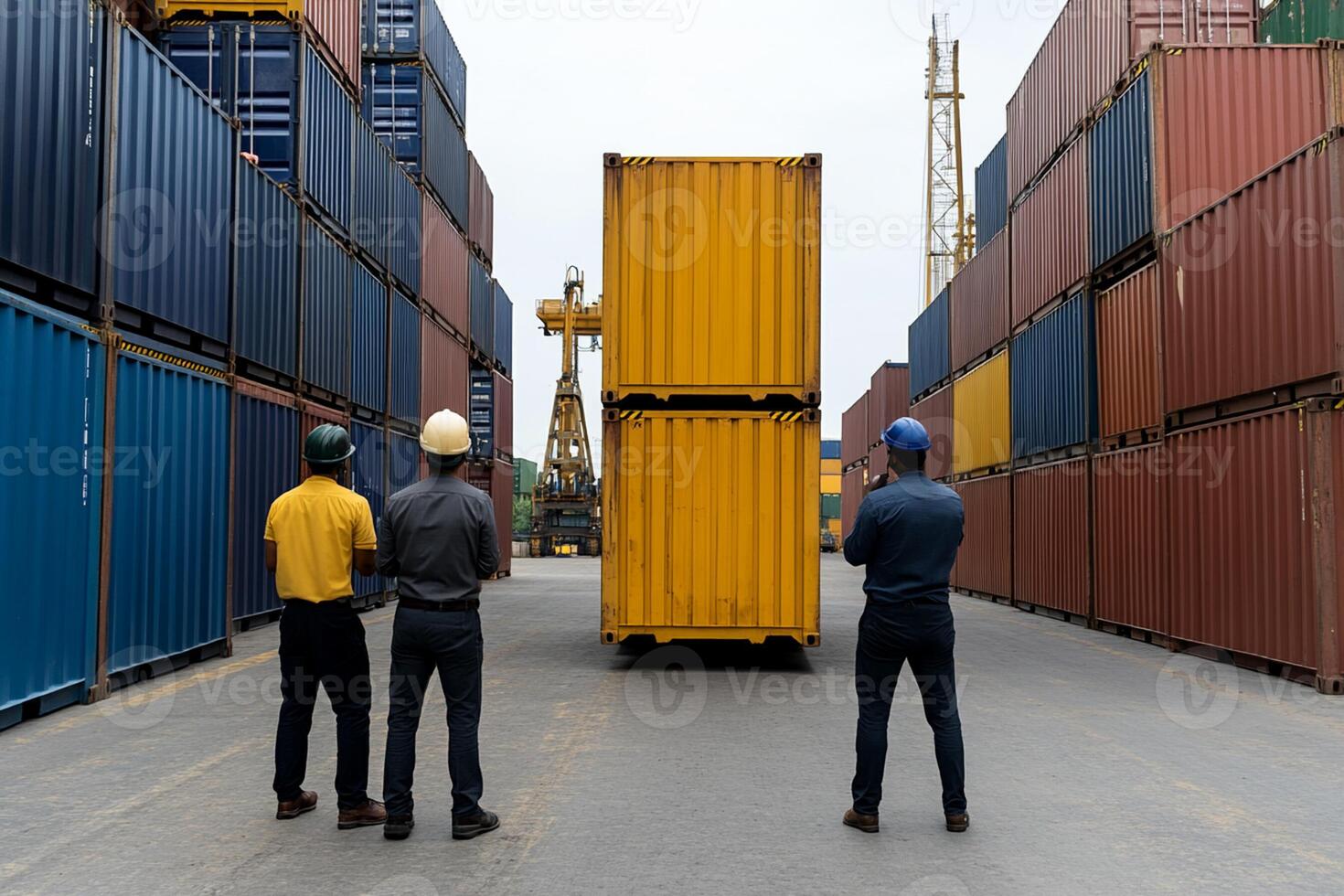 Three men standing in front of a container photo
