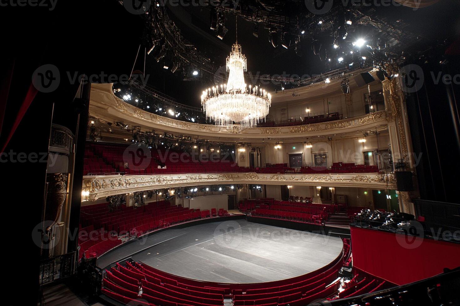 A large stage with a chandelier photo