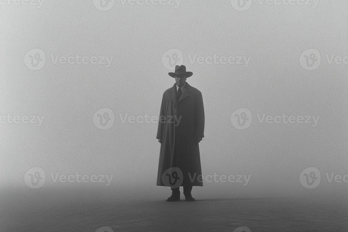 A man in a long coat and hat standing in the fog photo