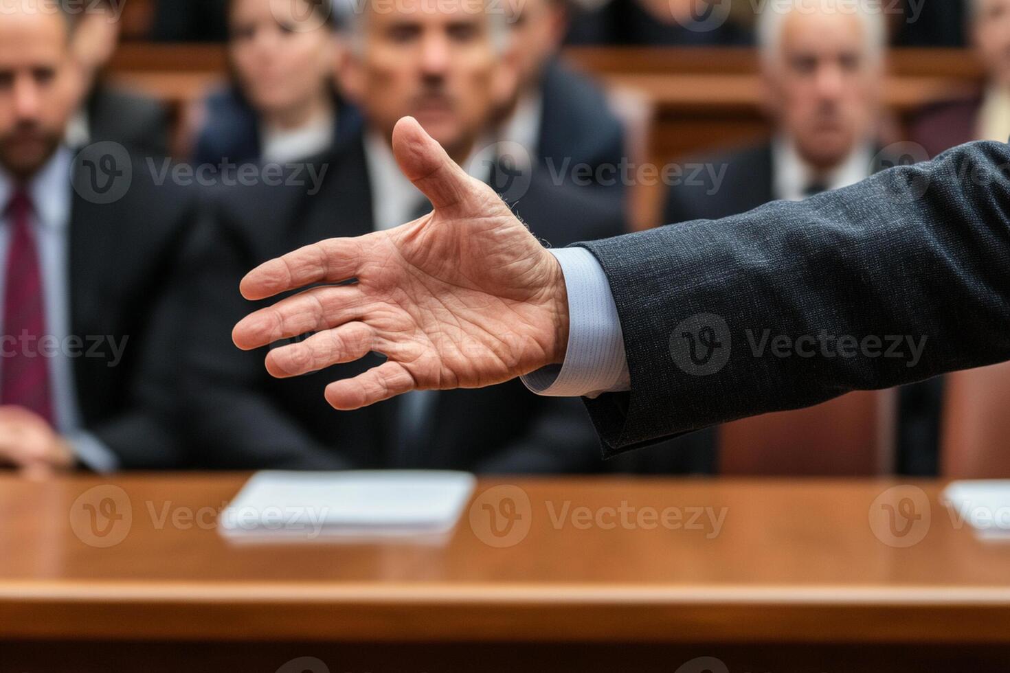 A man in a suit is holding up his hand photo
