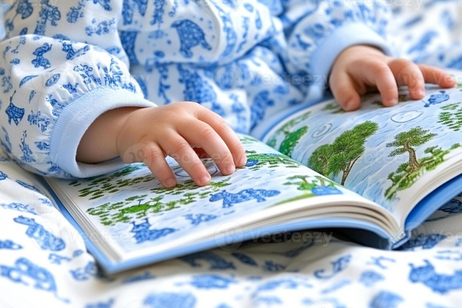 A baby in pajamas reading a book photo