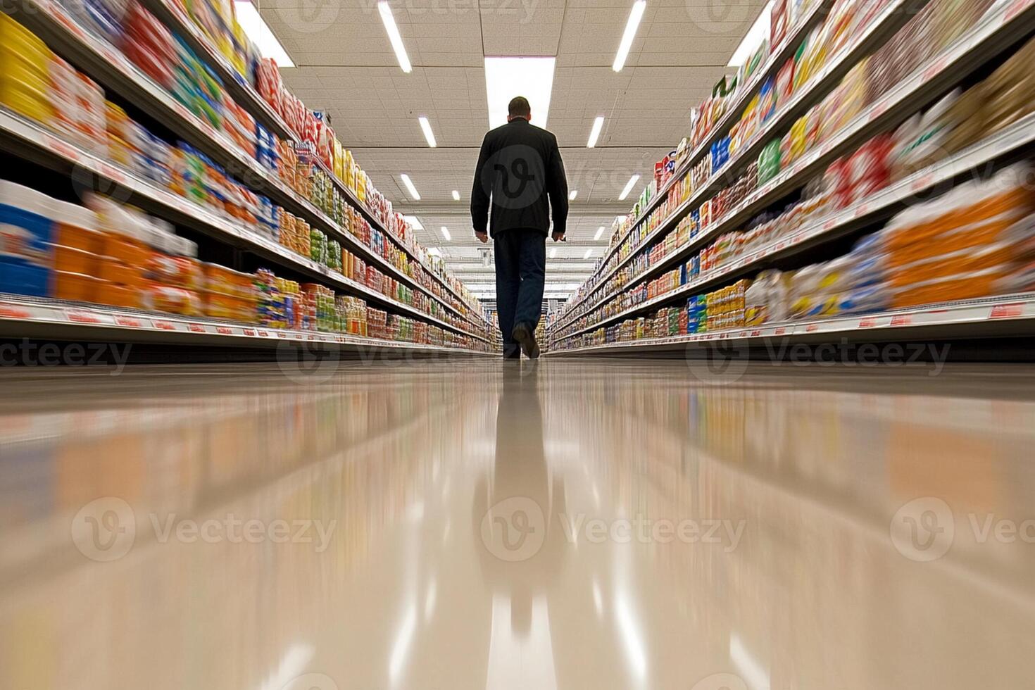 A man walks down an aisle of a supermarket photo