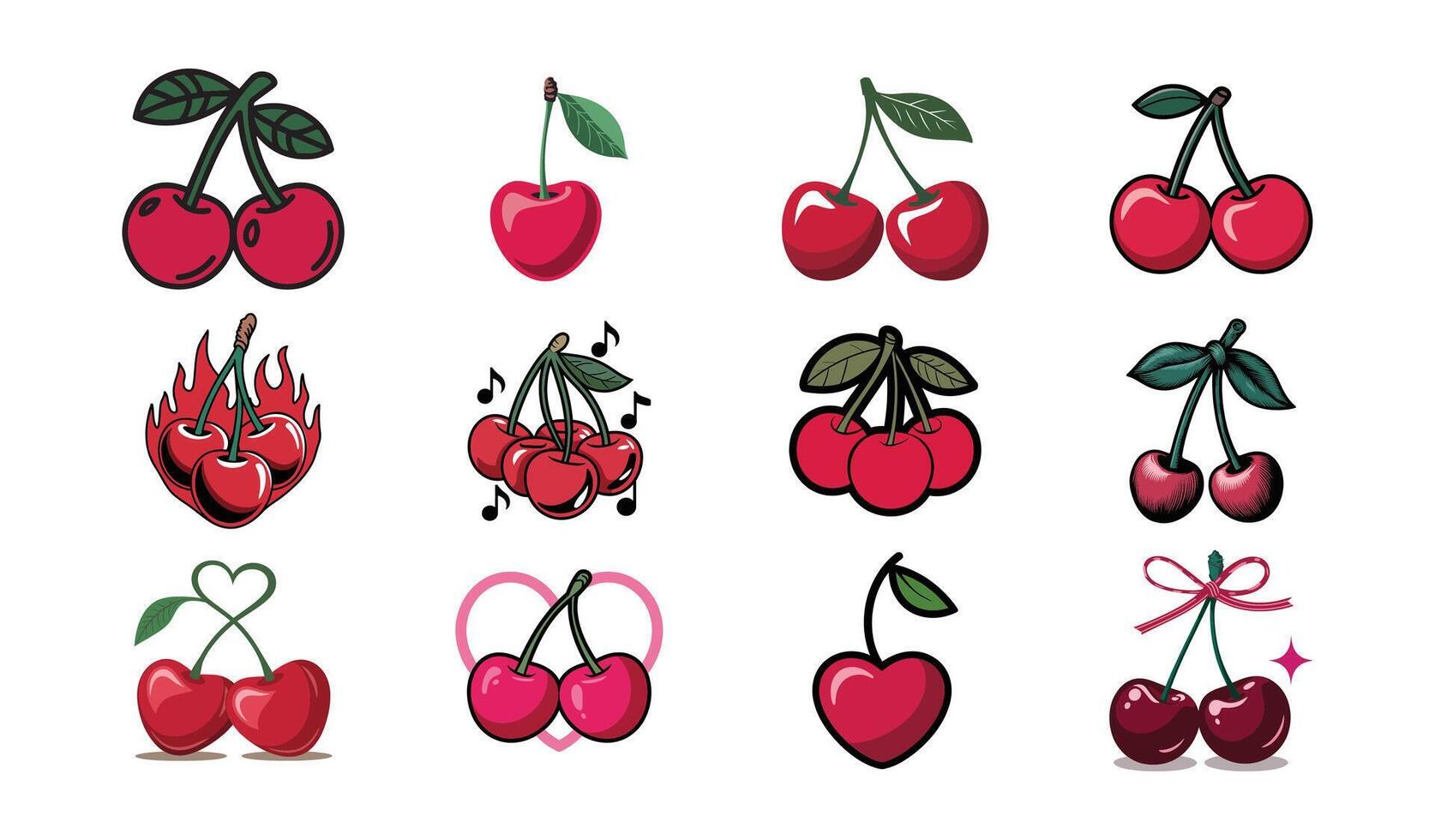 Cherry Set. Cute and Stylized Cherry Icons for Pop Art, Stickers, and Food Design vector
