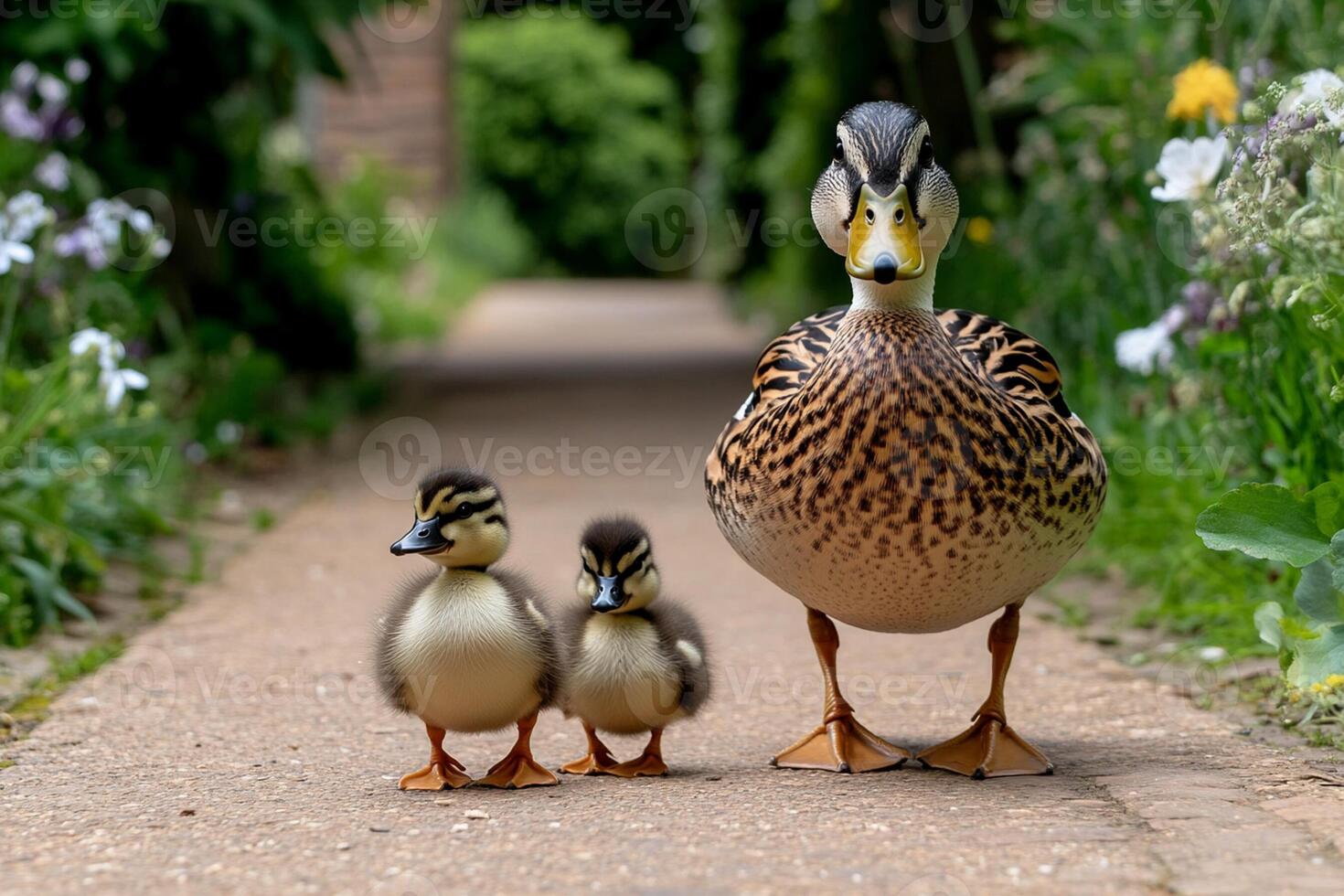 A mother duck and her two ducklings photo