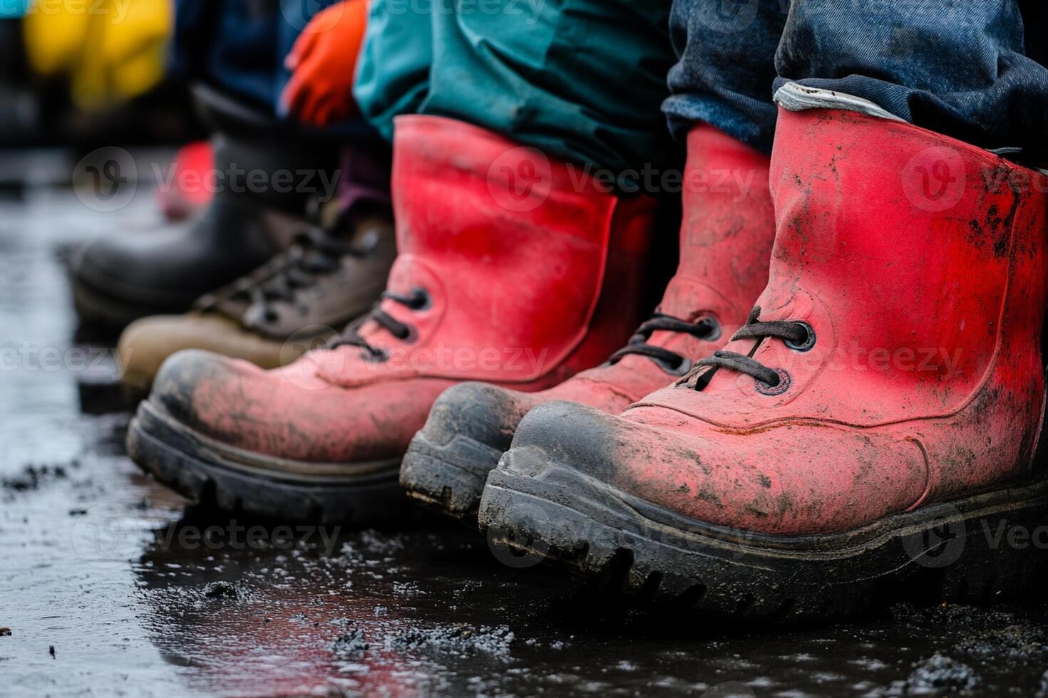 A row of red boots in the rain photo