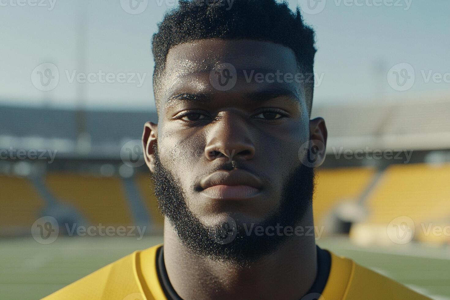 A man in a yellow jersey is looking at the camera photo