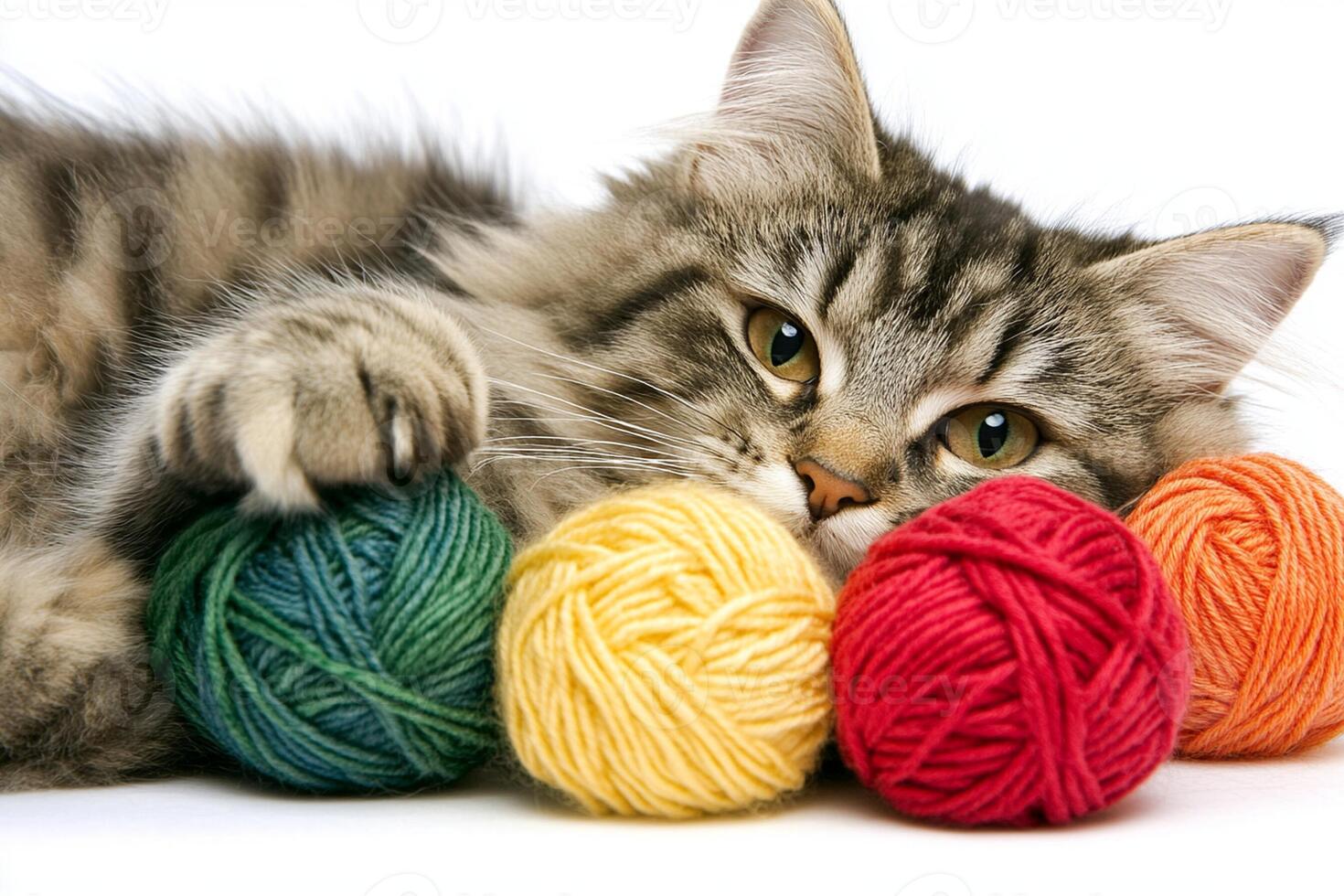 A cat is laying on top of a ball of yarn photo