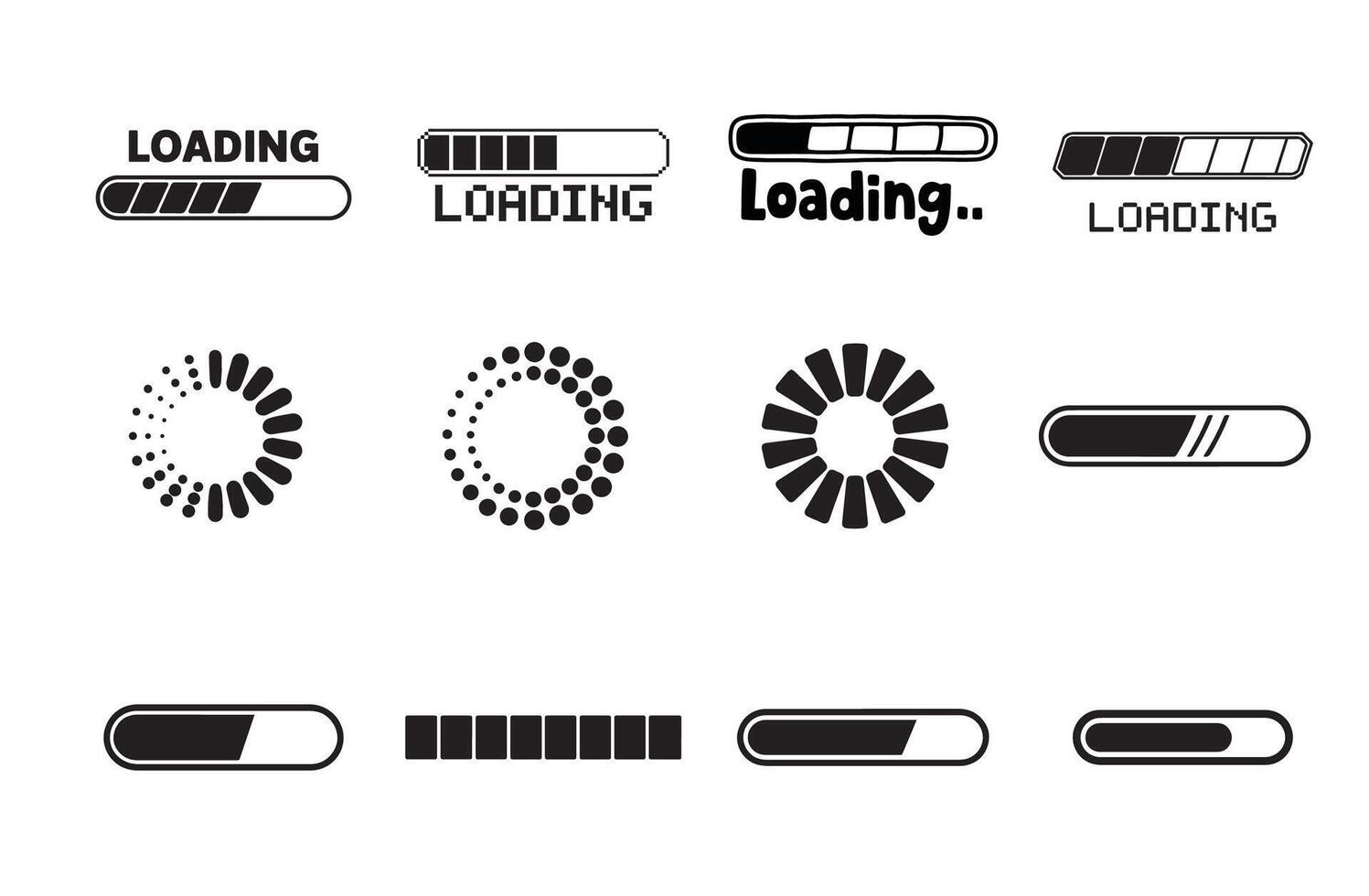 Loading Icons Set Progress Bars, Spinners, and Indicators in Black and White vector