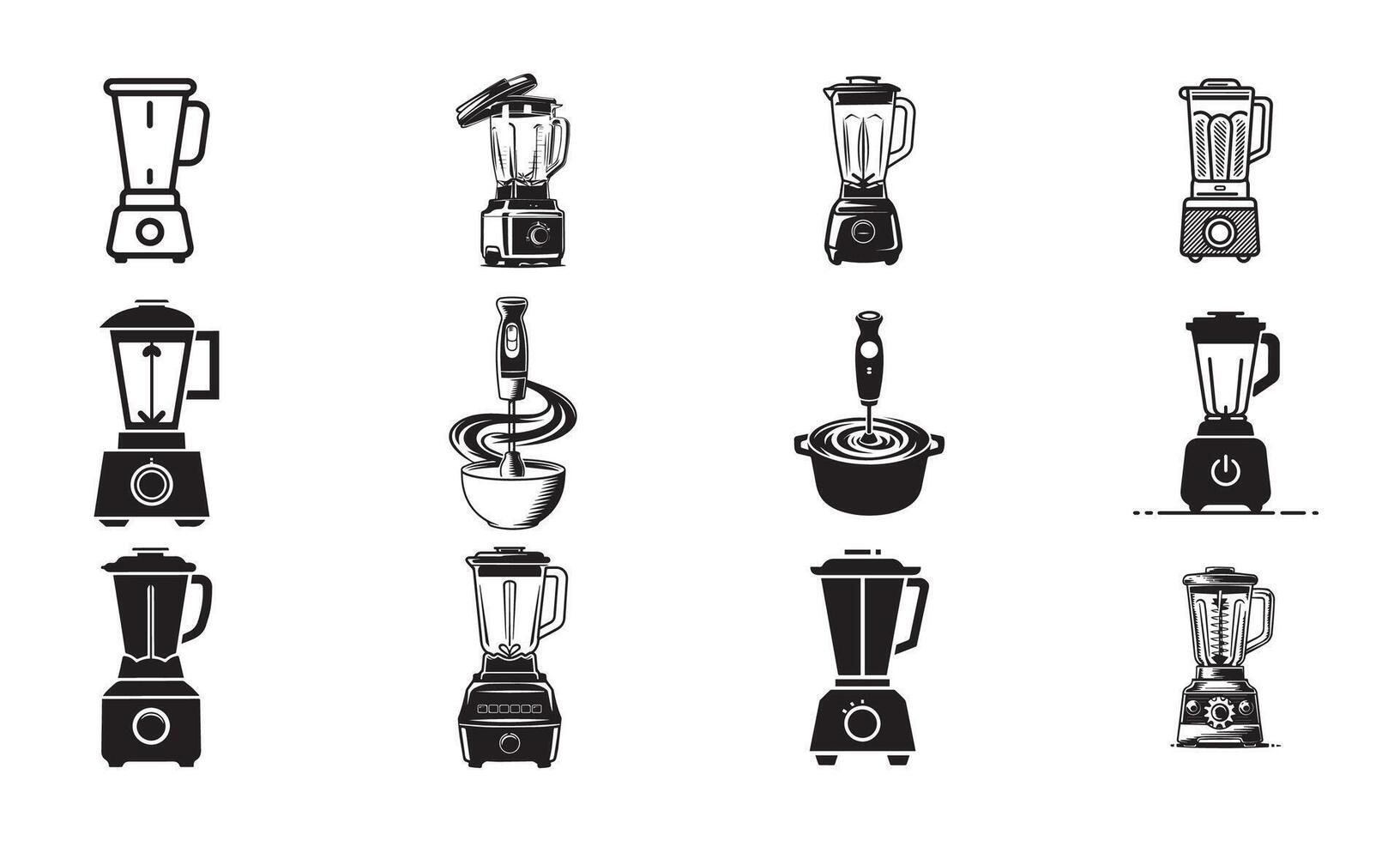 Blender and Mixer Icon Set. Kitchen Appliances in Black and White for Cooking, Juicing, and Food Prep Designs vector