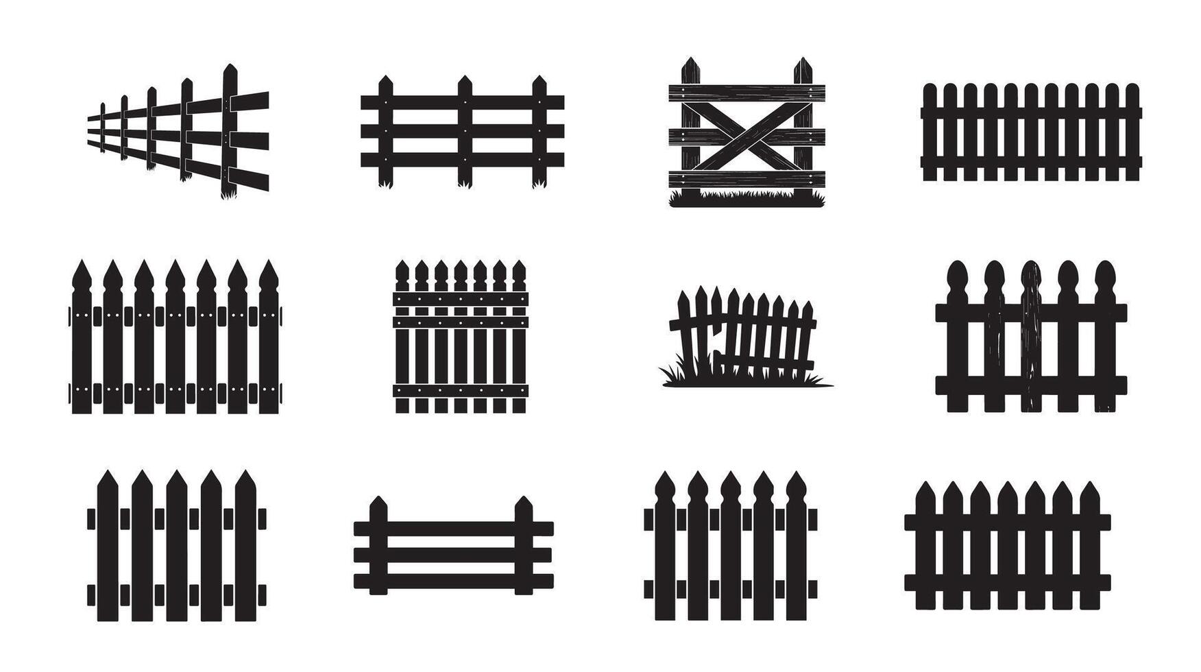 Fence Silhouette Set Garden Wooden Picket And Farm Fence Icons vector