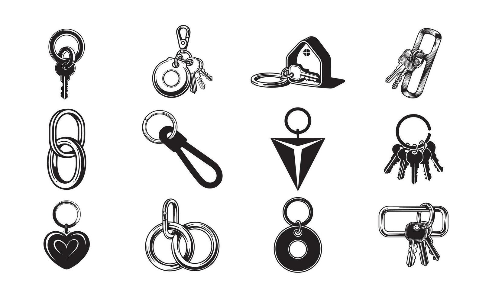 Keychain and Keyring Icon Set Collection of House Keys, Loops, Clips, and Key Holders in Black and White vector