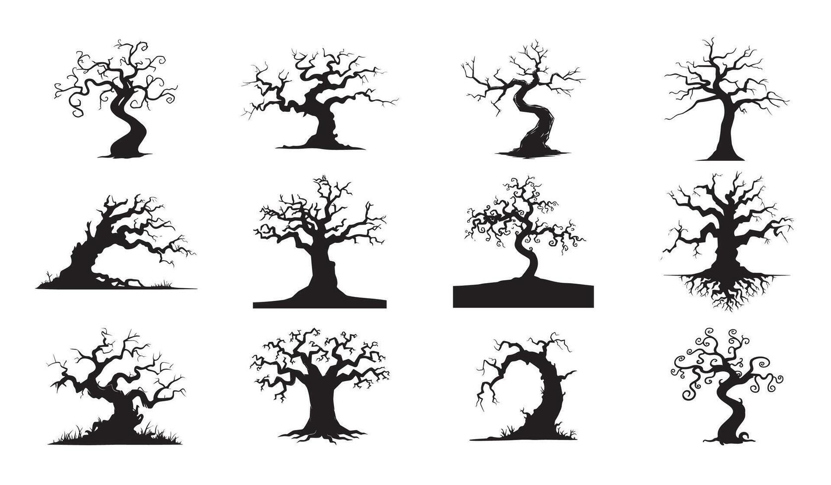 Haunted Tree Silhouette Set . Spooky, Twisted, Bare Tree Icons vector
