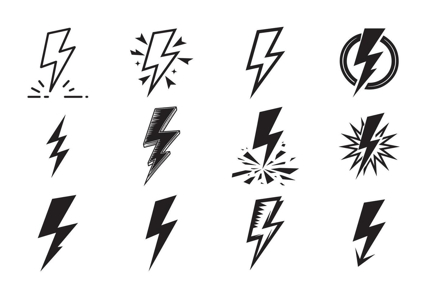 Lightning Bolt Icons Set. Thunderbolt Symbols and Energy Icons in Black and White vector