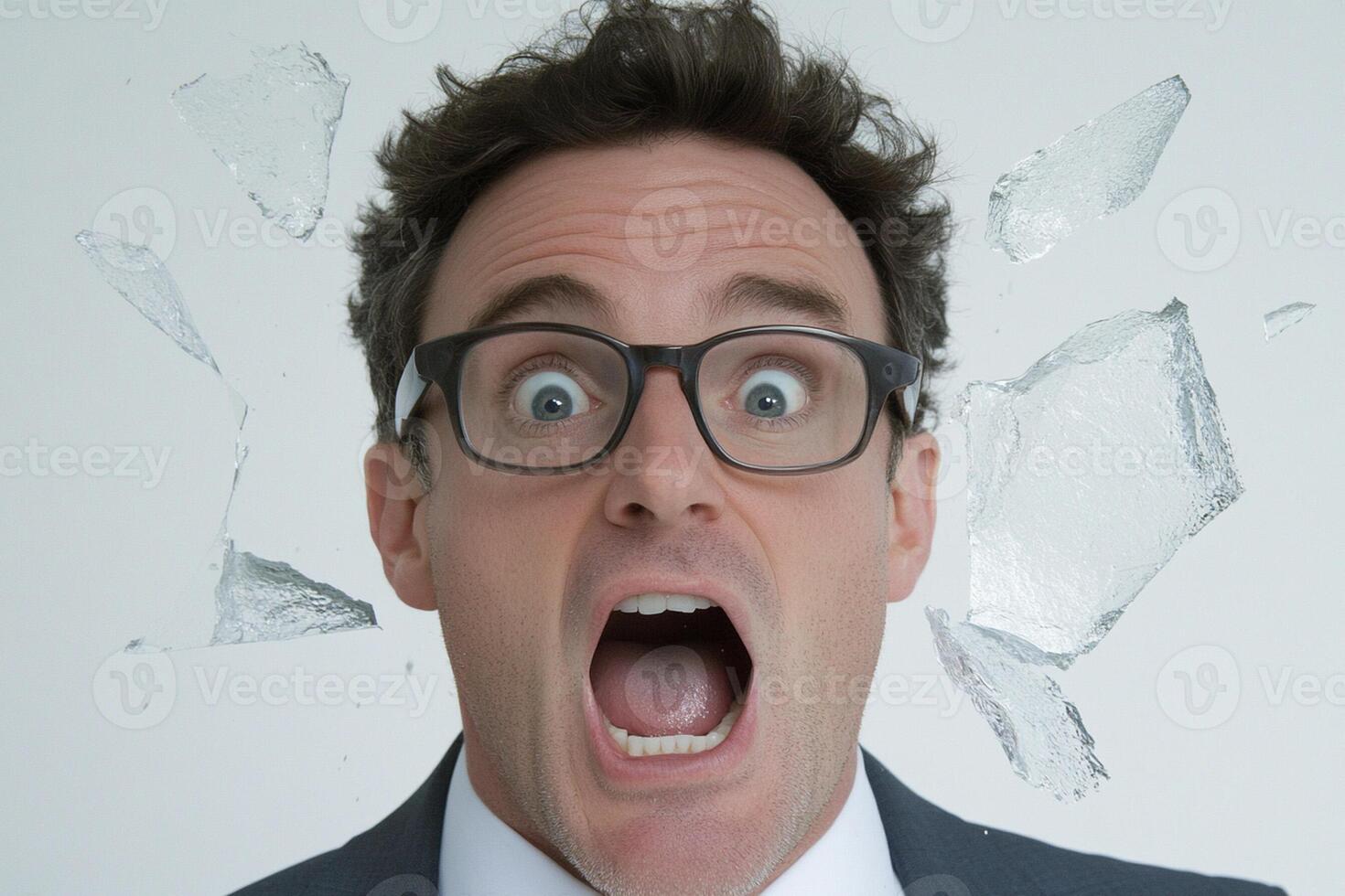 A man with glasses and a suit is making a face photo