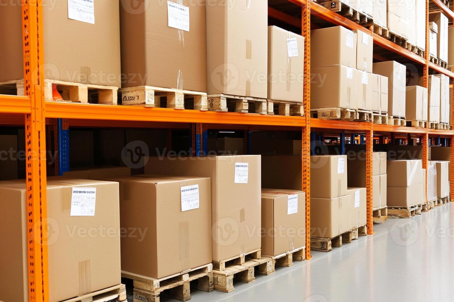A warehouse with boxes and pallets on shelves photo