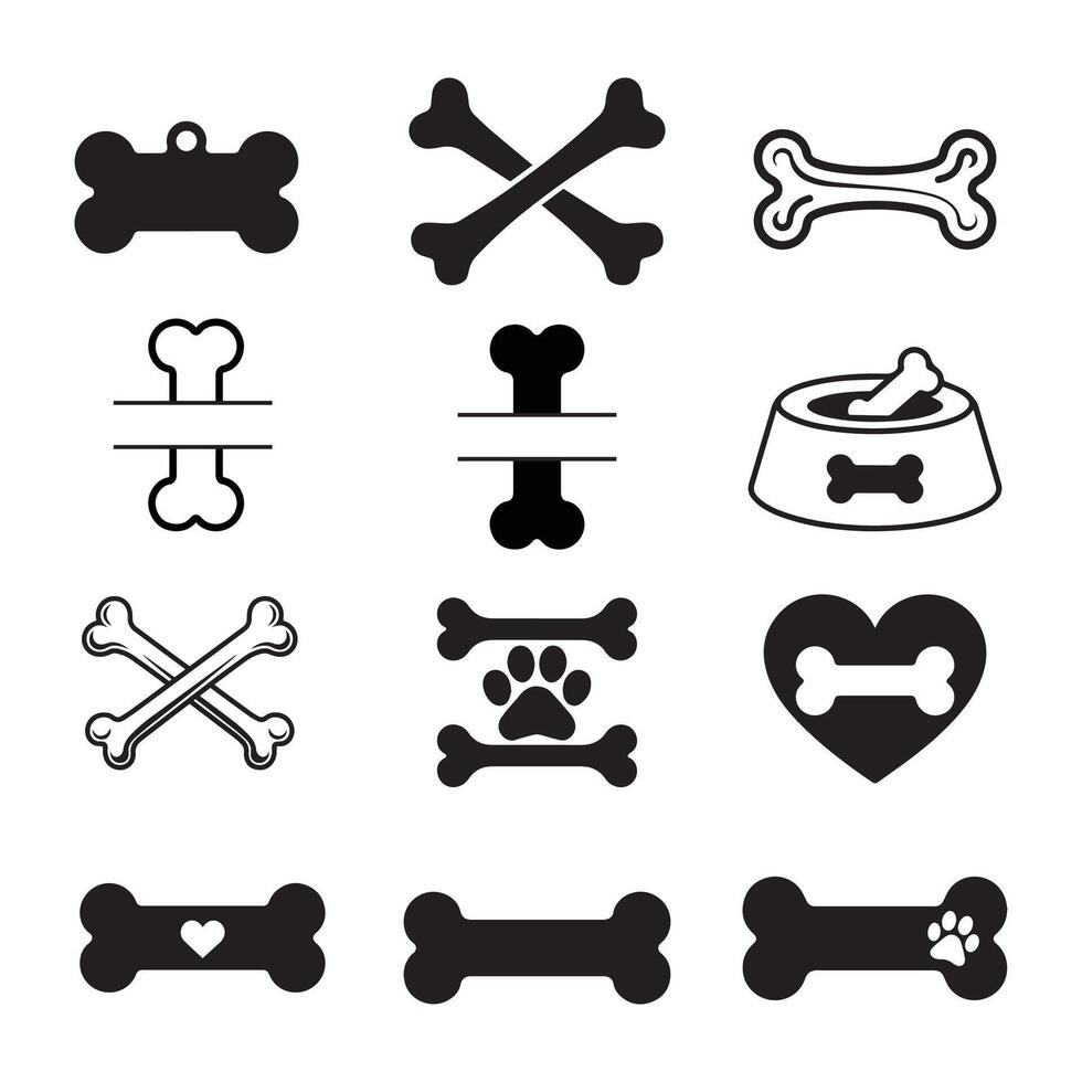 Dog Bone Icons. Pet Food, Treat, Bowl And Tag Collection vector