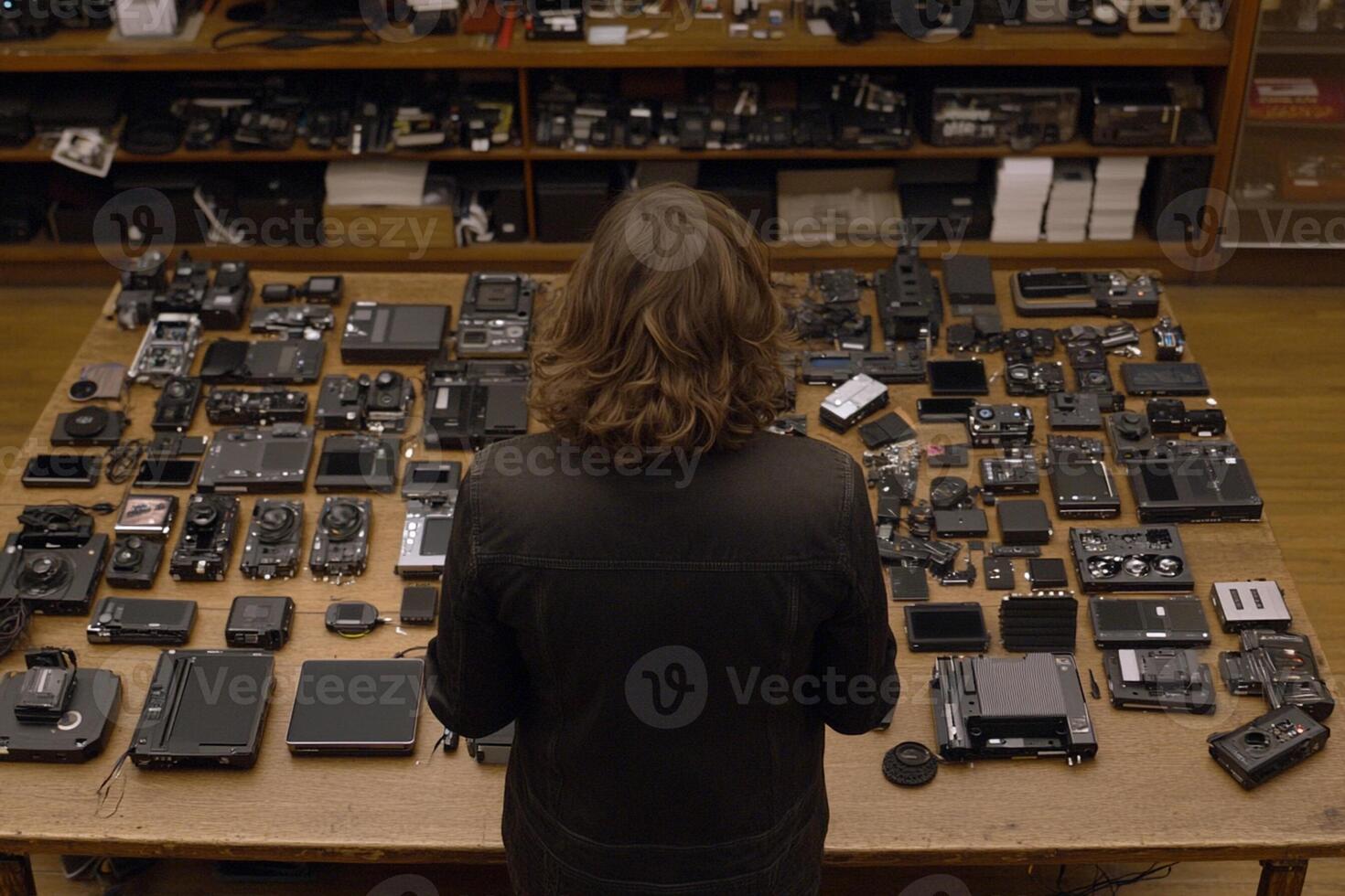 A man standing in front of a table full of electronics photo