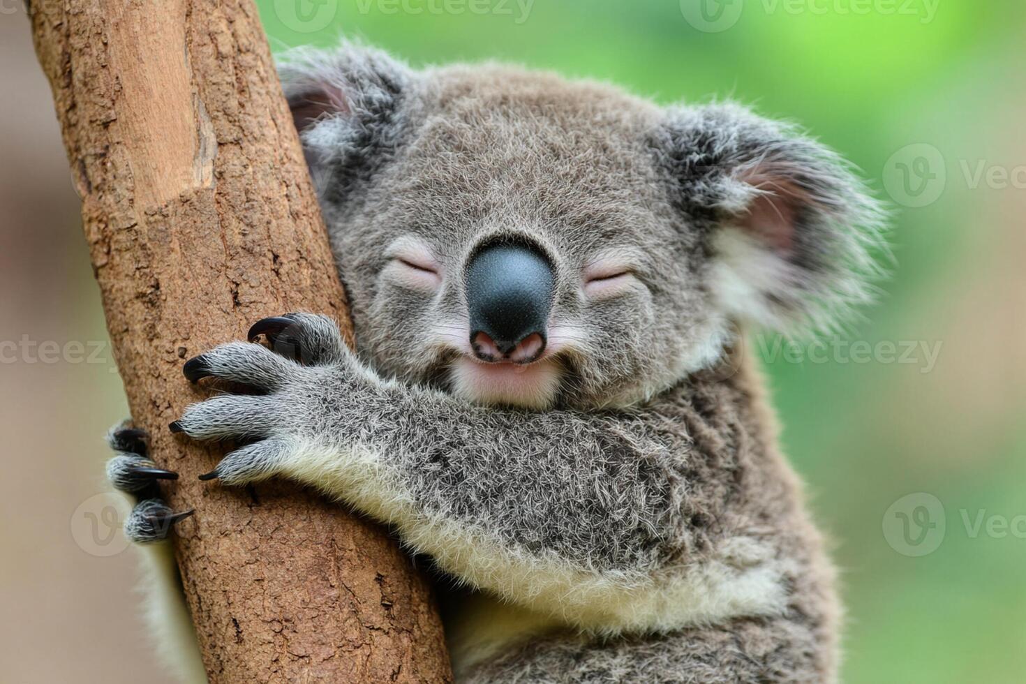A koala bear is sleeping on a tree branch photo