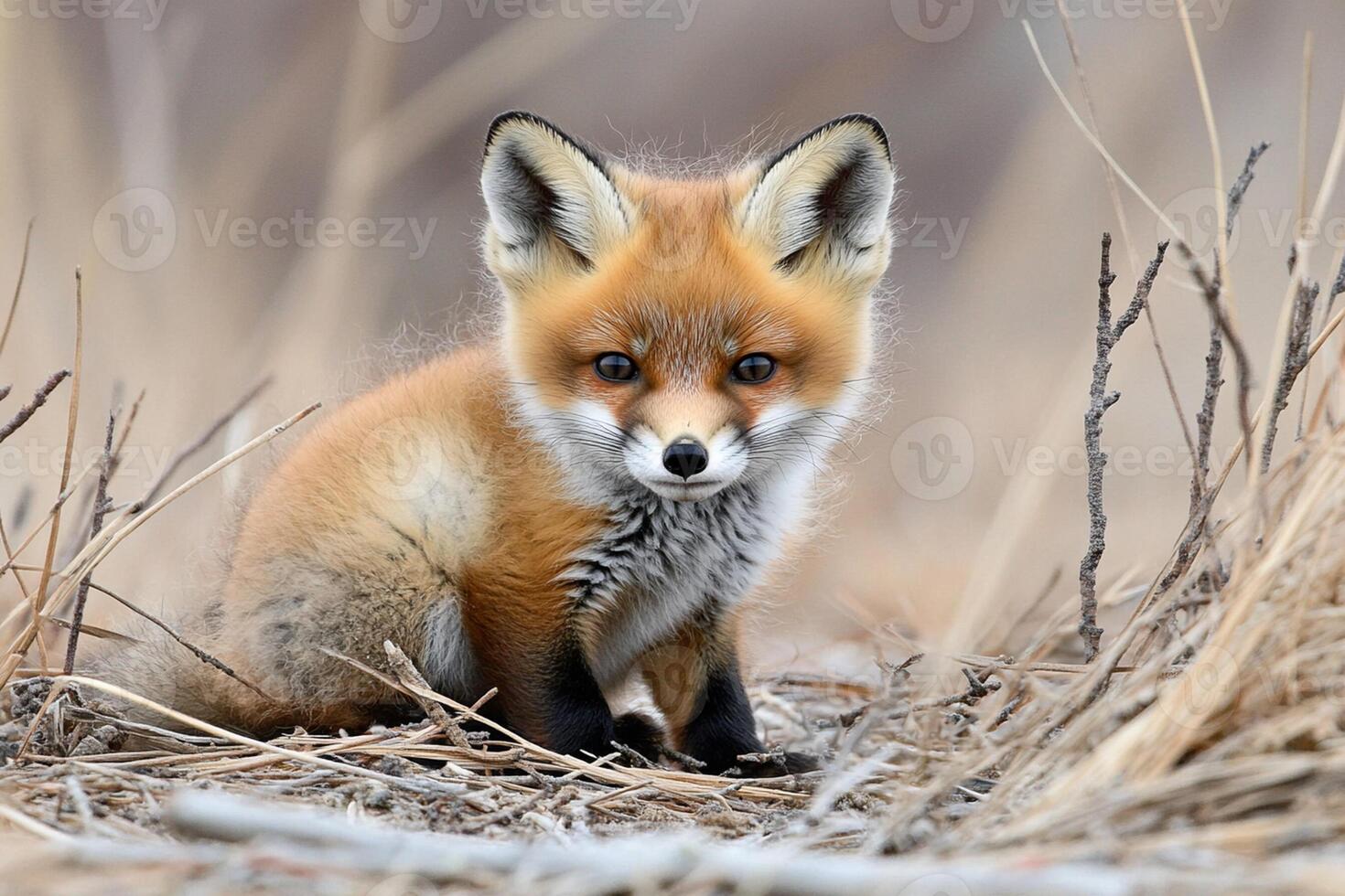 A fox cub sitting in the grass photo
