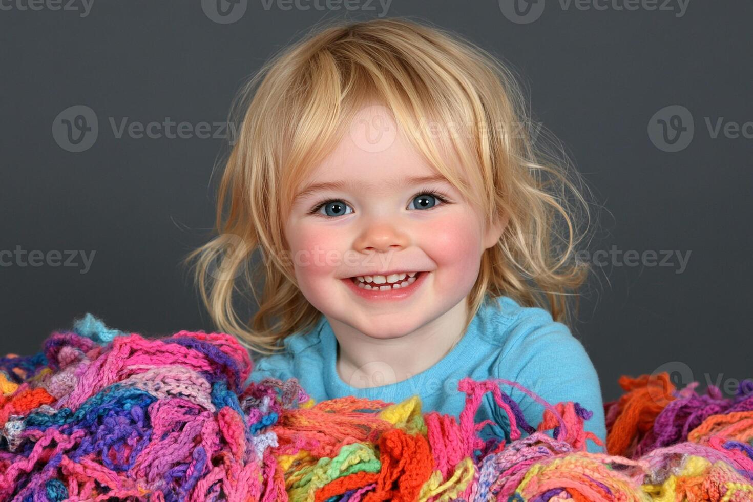 A smiling little girl is surrounded by colorful yarn photo