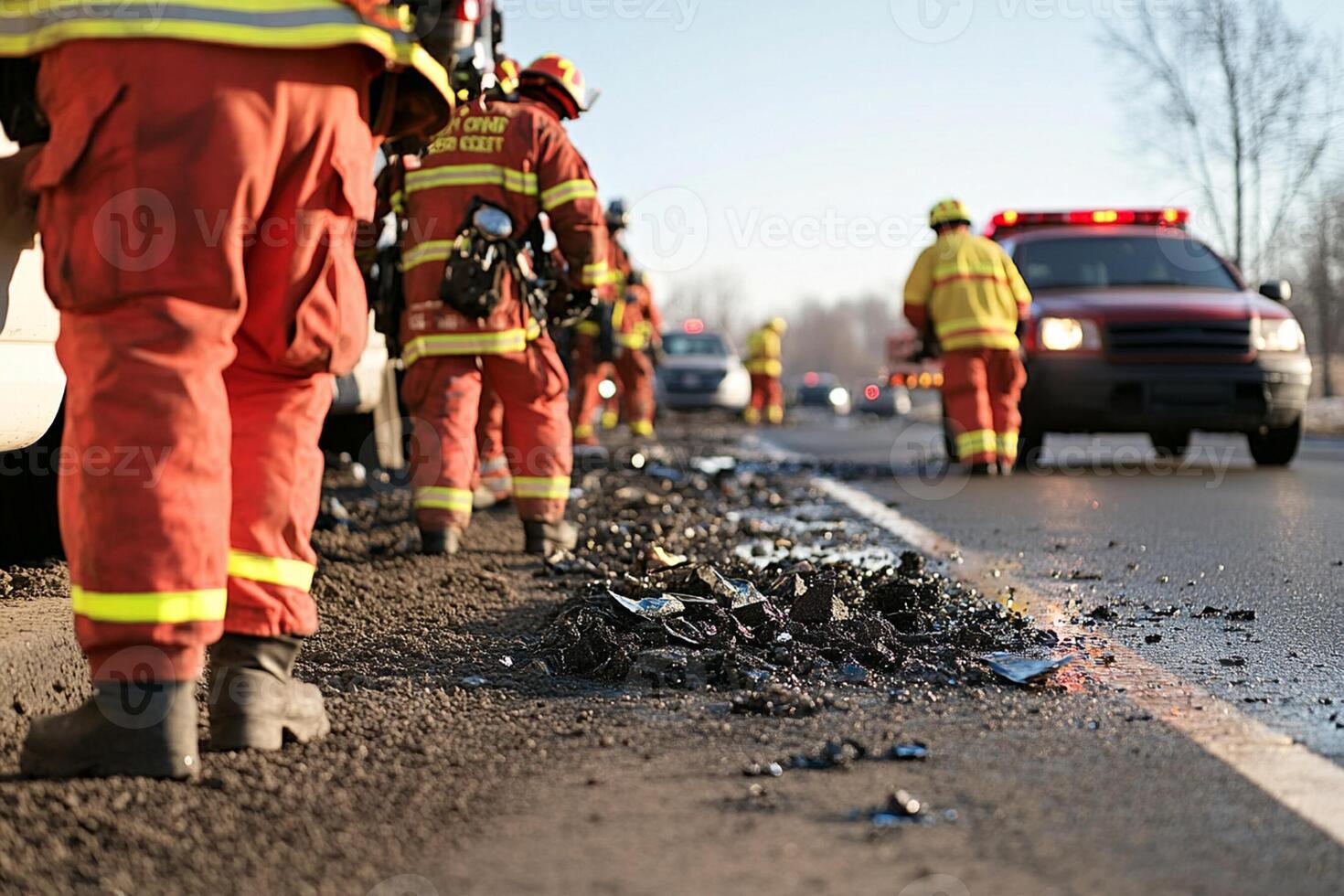 Firefighters standing near a car that has been damaged photo