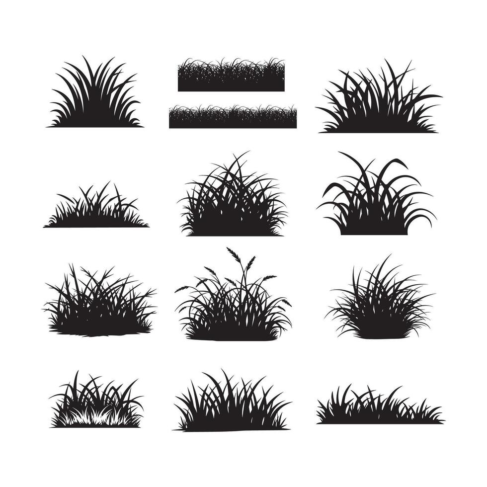 Grass Silhouette Set. Lawn, Meadow, And Field Grass Icons vector