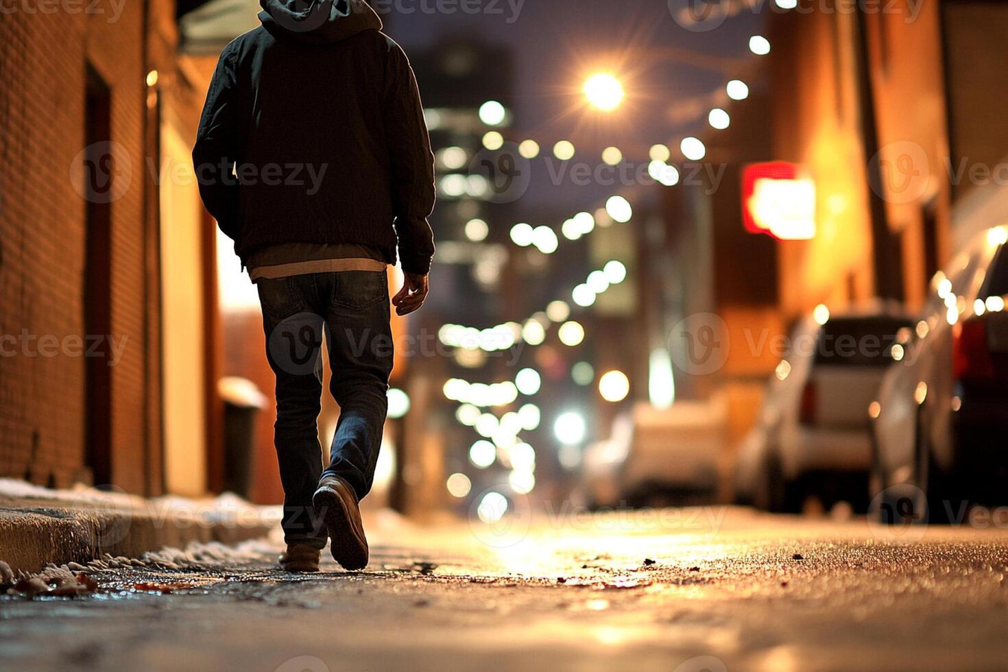 A man walking down a street at night photo