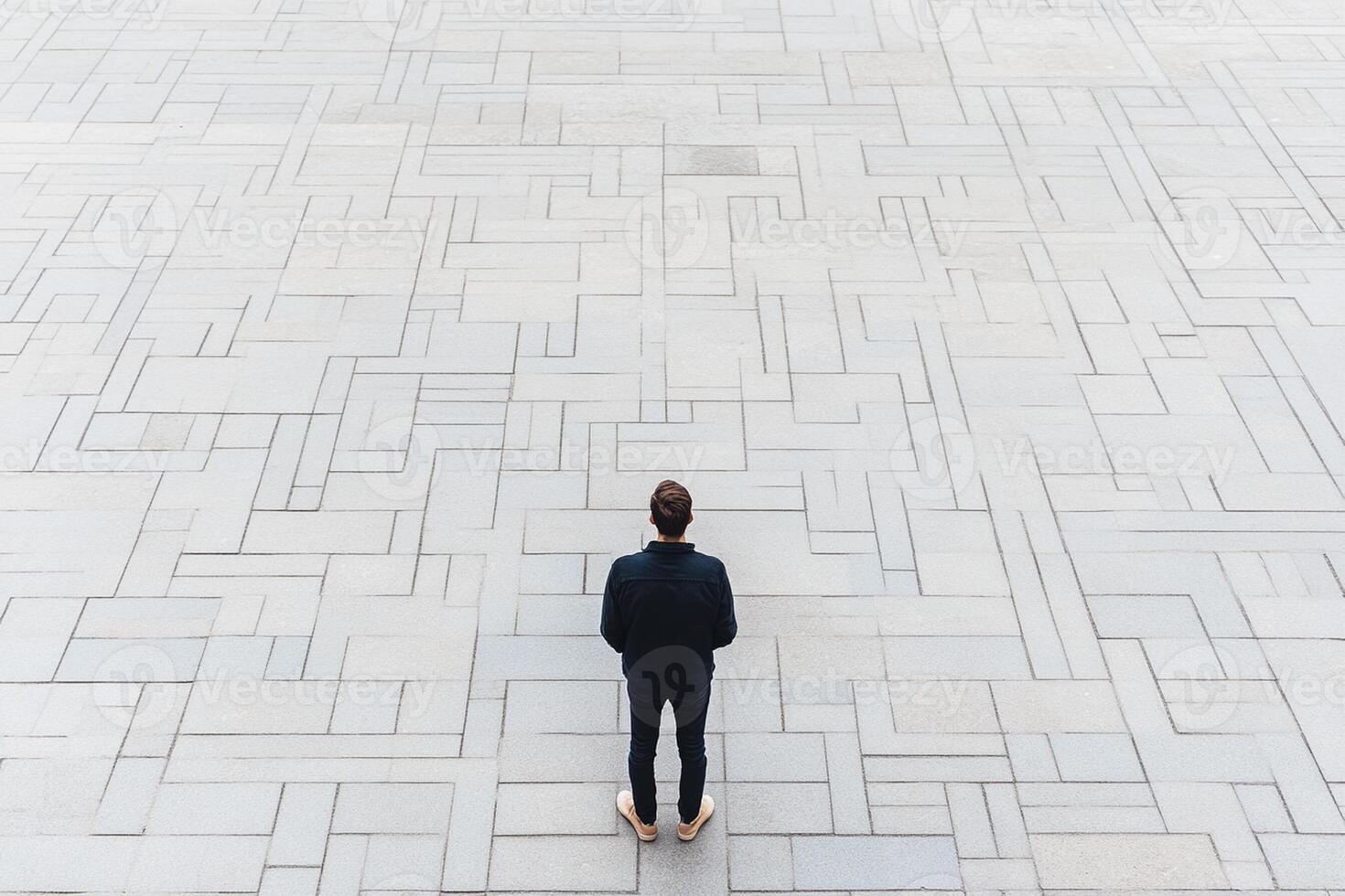 A man standing on a tiled floor looking at something photo