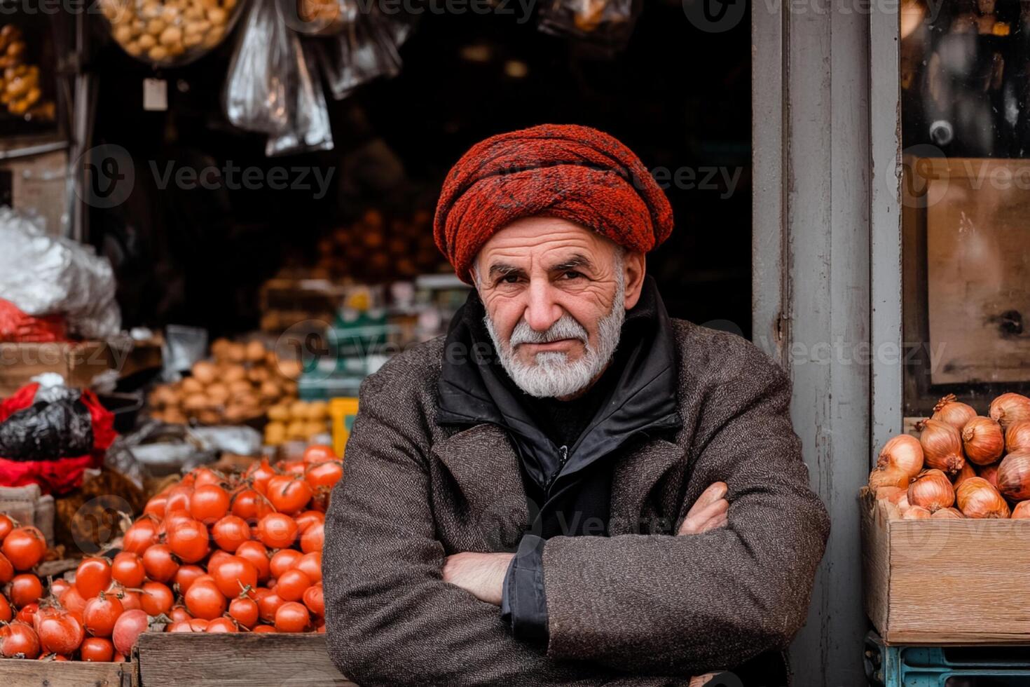 An old man in a turban stands in front of a fruit and vegetable stand photo