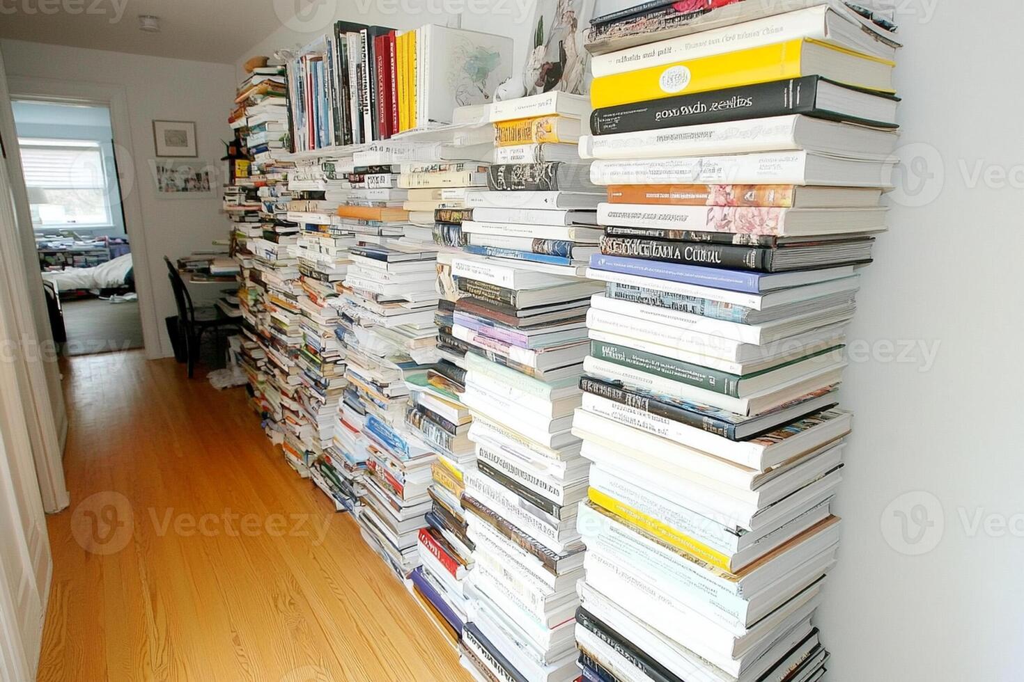 A hallway with a lot of books on a shelf photo