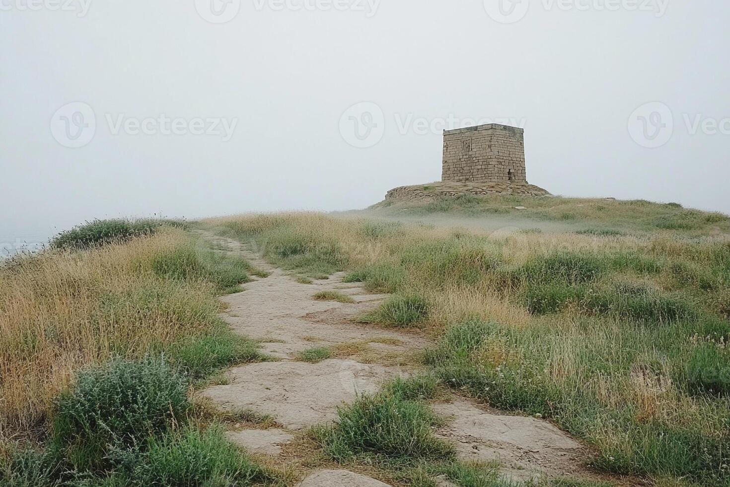 A tower on top of a hill in the fog photo