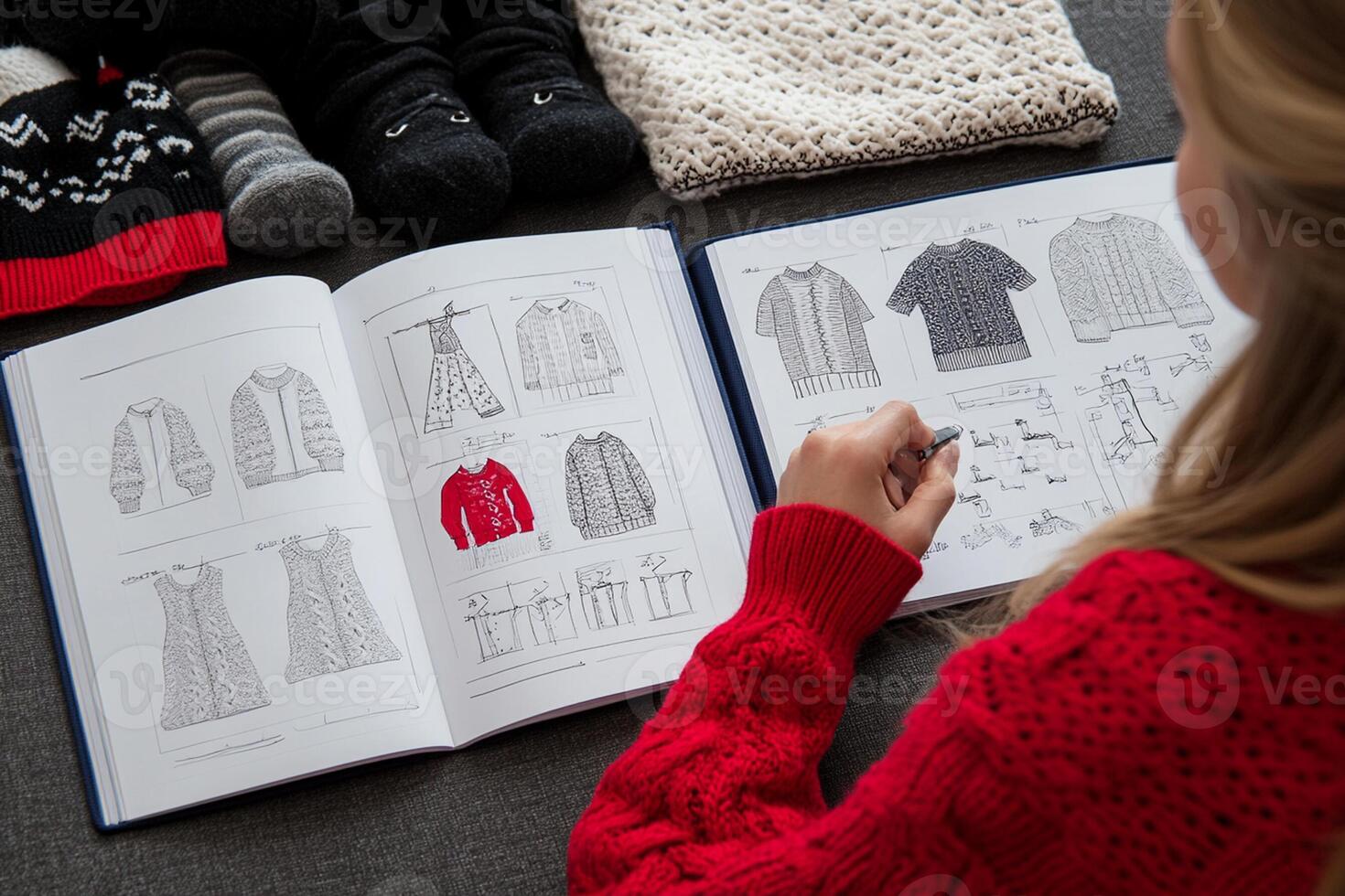 A woman is writing in a book with a sweater on the table photo