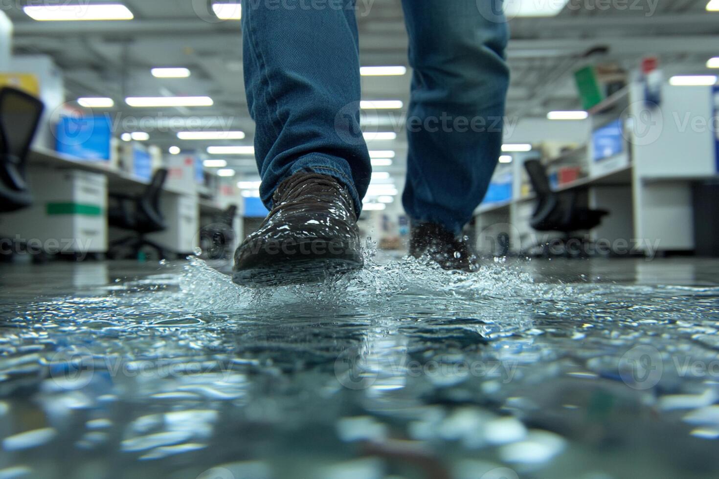 A person walking on a wet floor with water photo