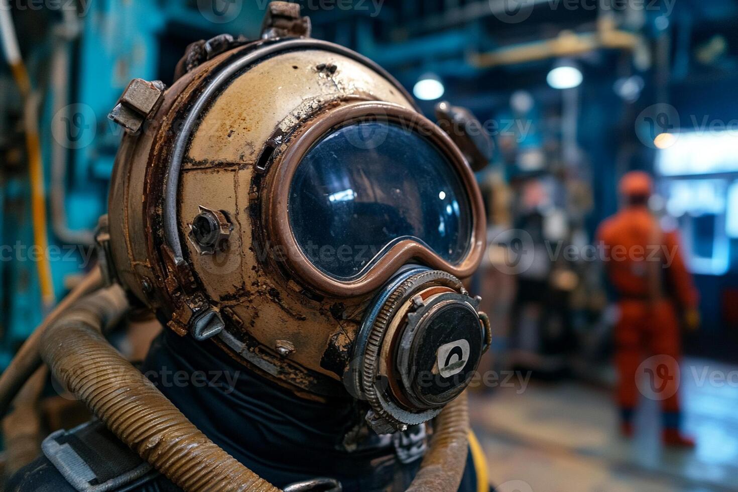 A man wearing a diving helmet in a factory photo