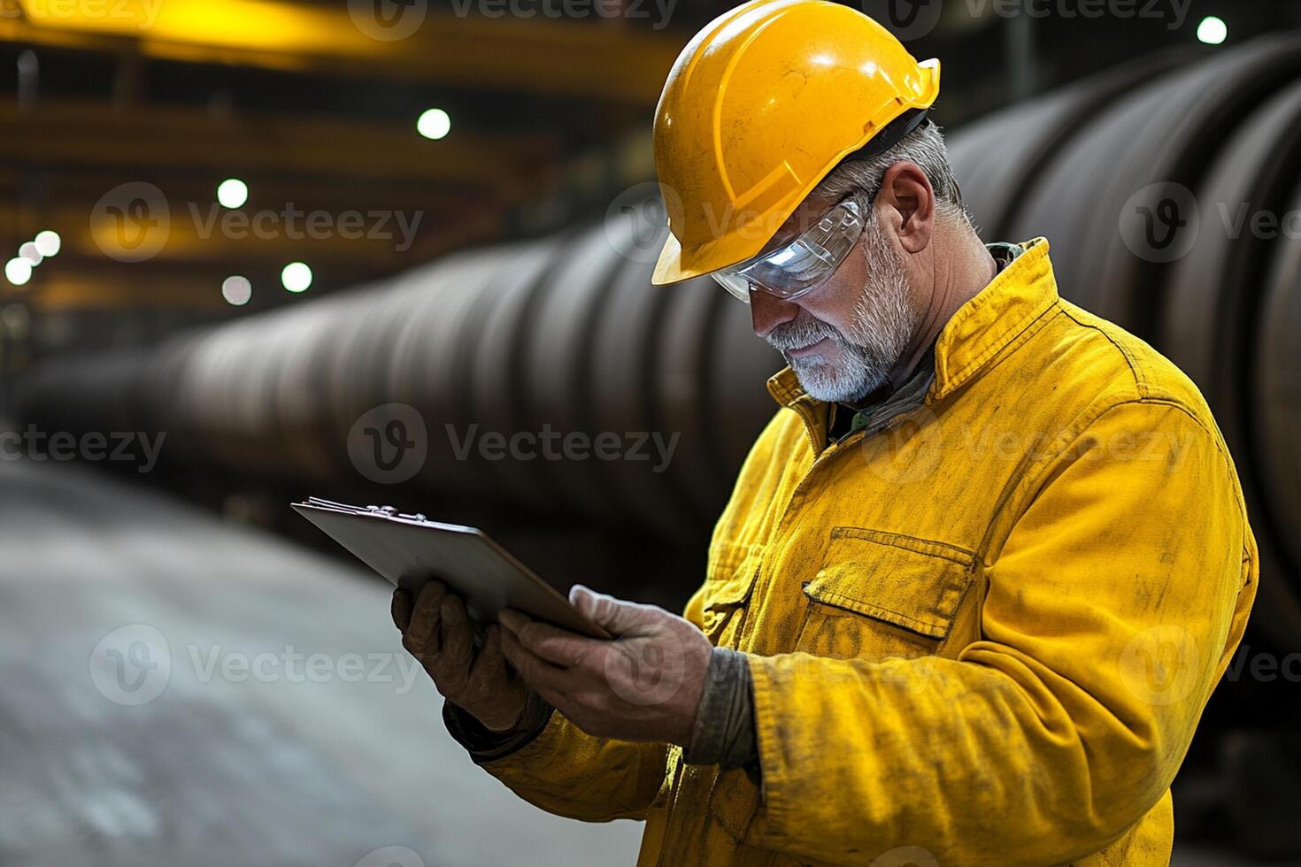 A man in a yellow hard hat and safety glasses is using a tablet photo