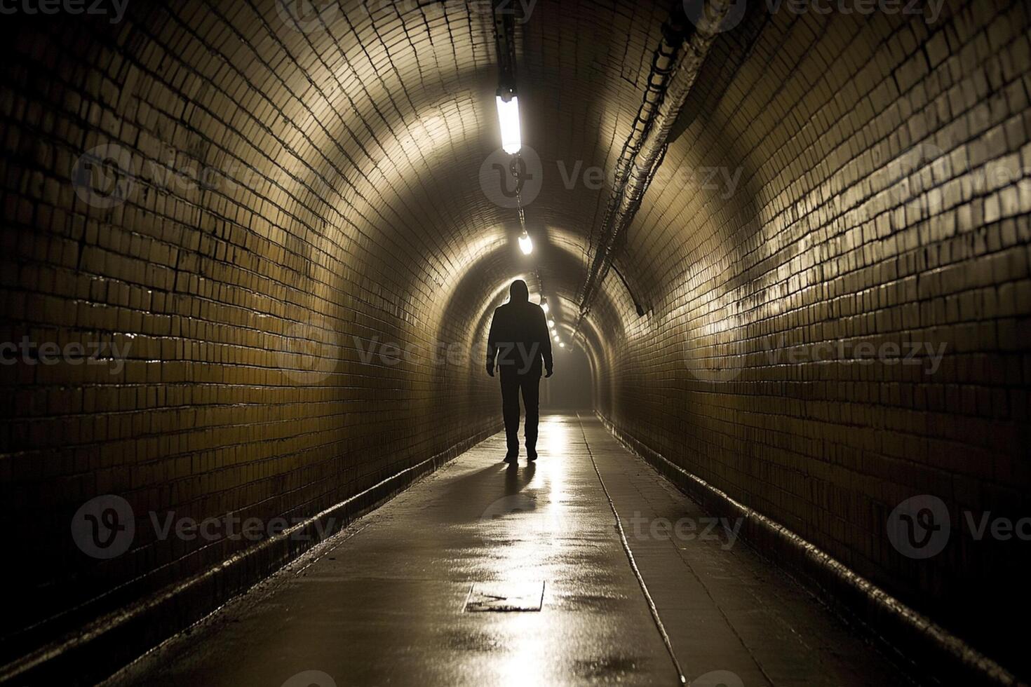A person walking through a dark tunnel photo