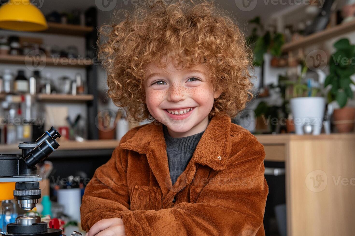 A boy with curly hair is smiling while holding a microscope photo