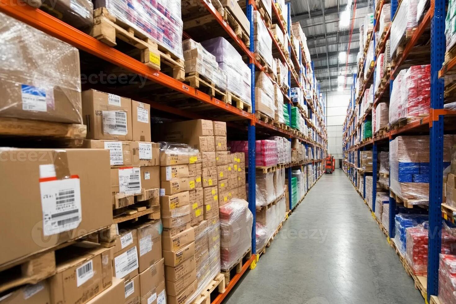 A warehouse with many boxes and pallets on shelves photo