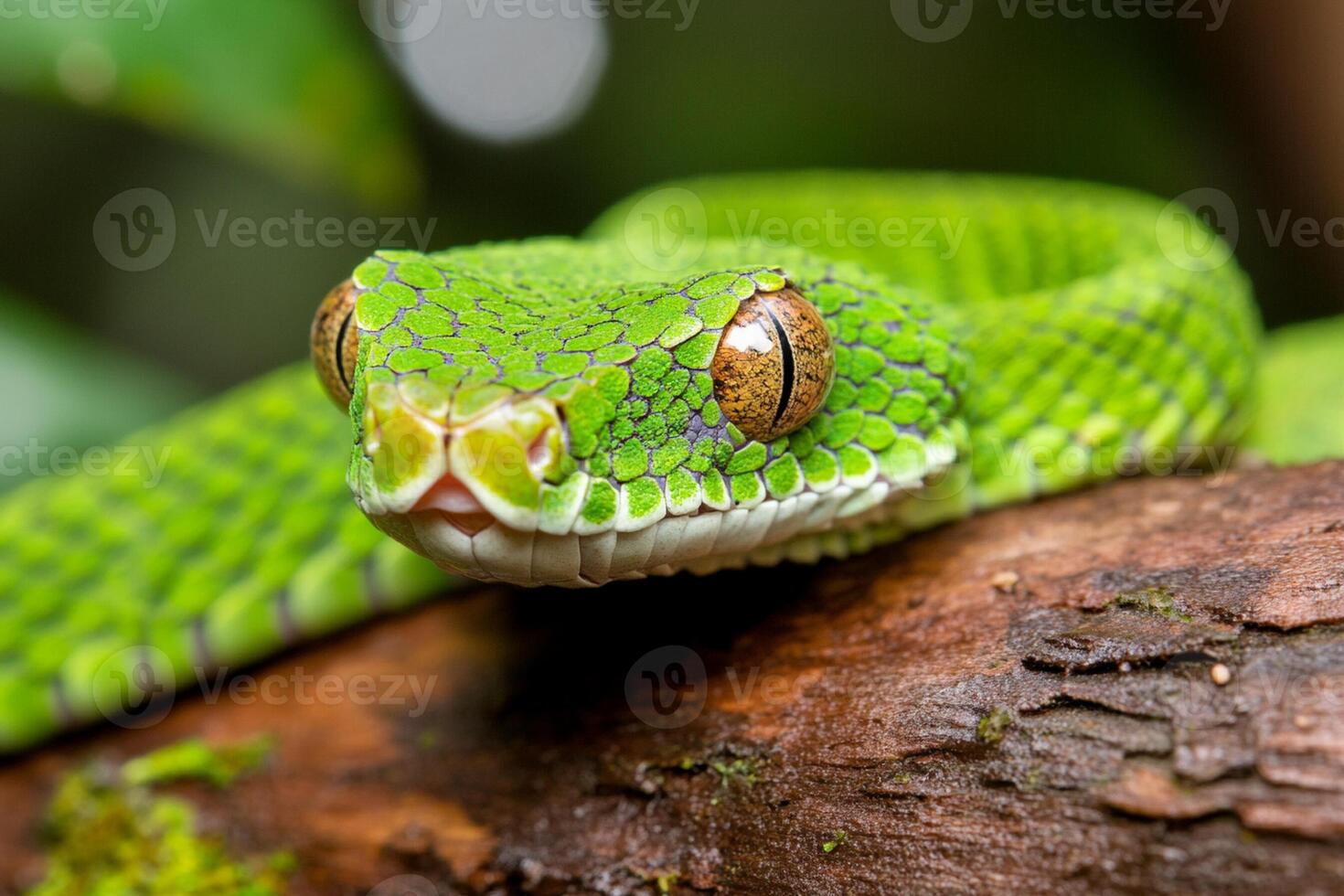 A green snake with yellow eyes is sitting on a branch photo