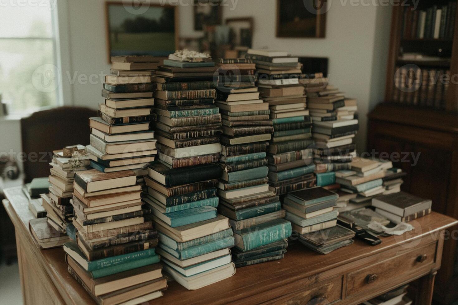 A pile of books on a desk in a room photo