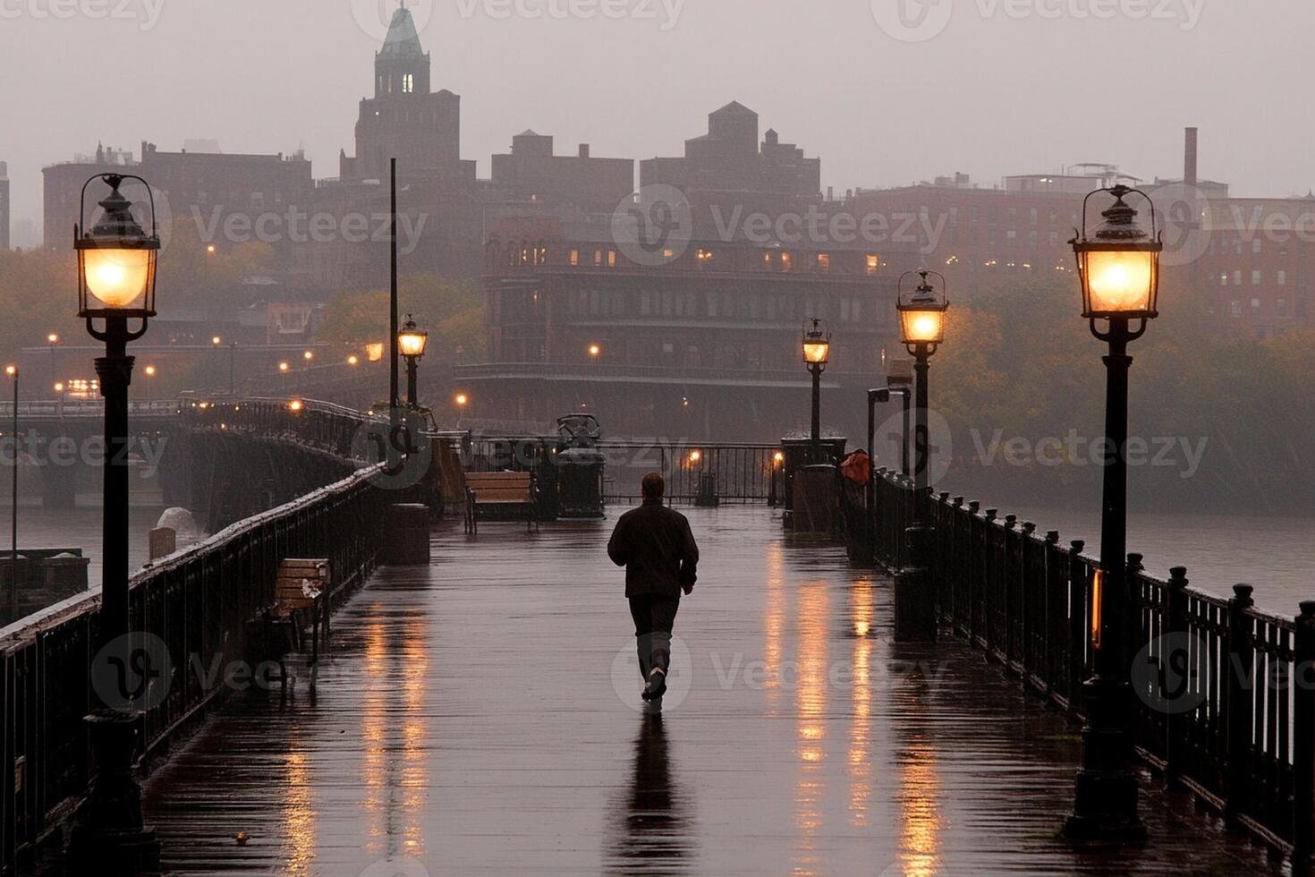 A person walking on a bridge in the rain photo