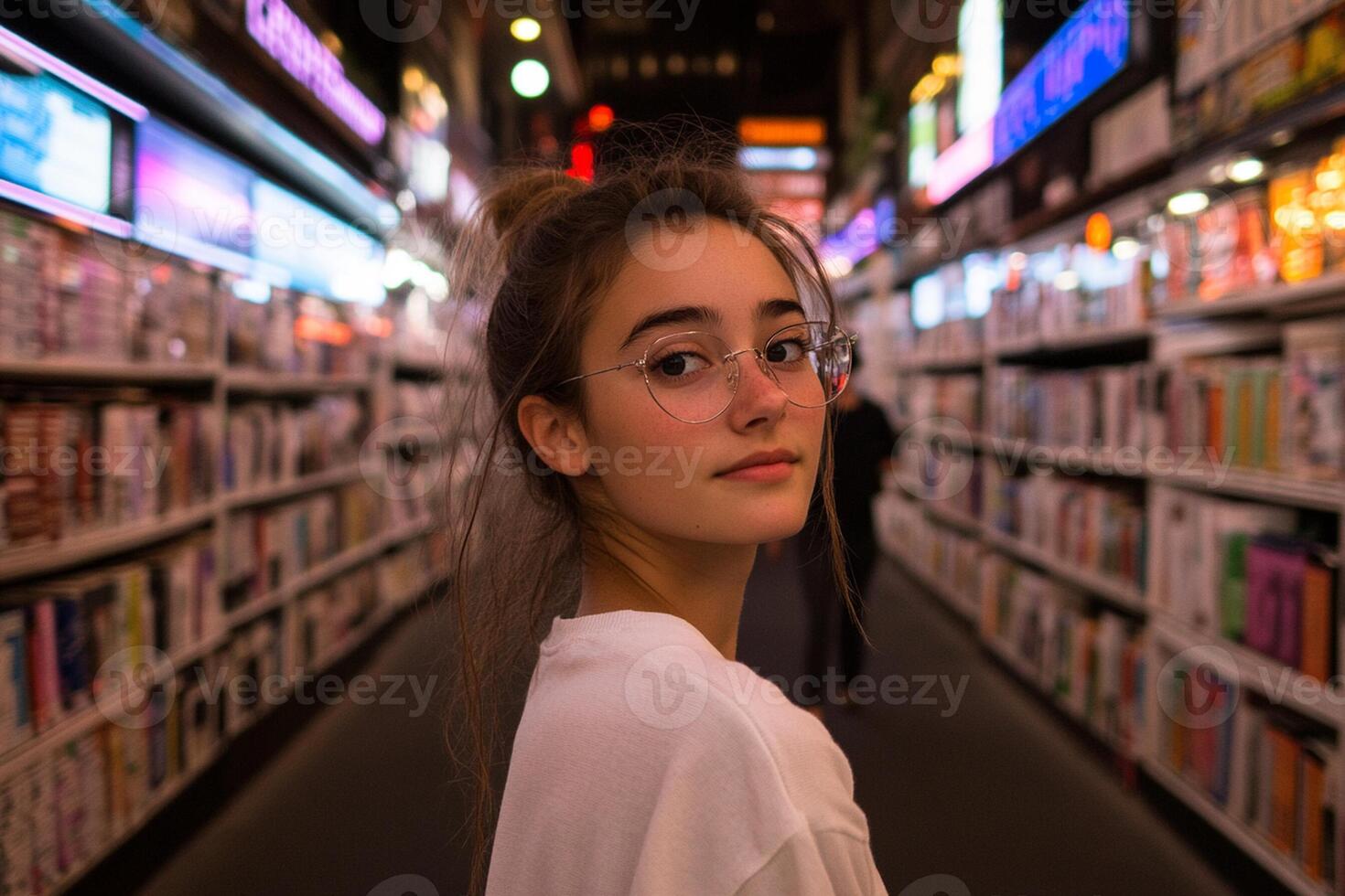 A girl with glasses standing in a bookstore photo