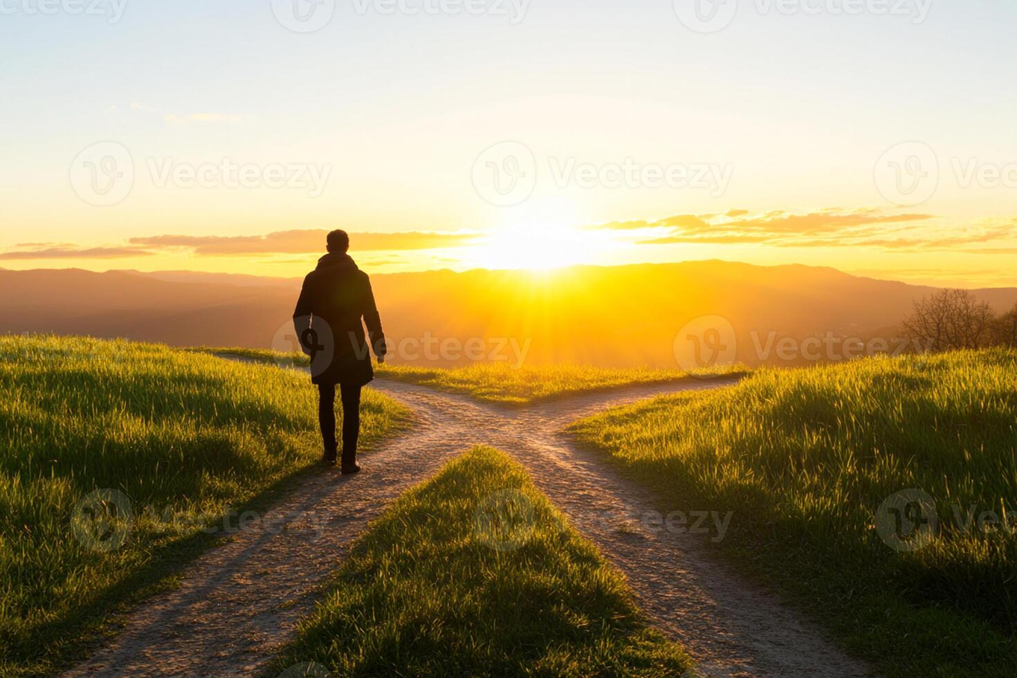 A man is walking on a path with the sun setting behind him photo