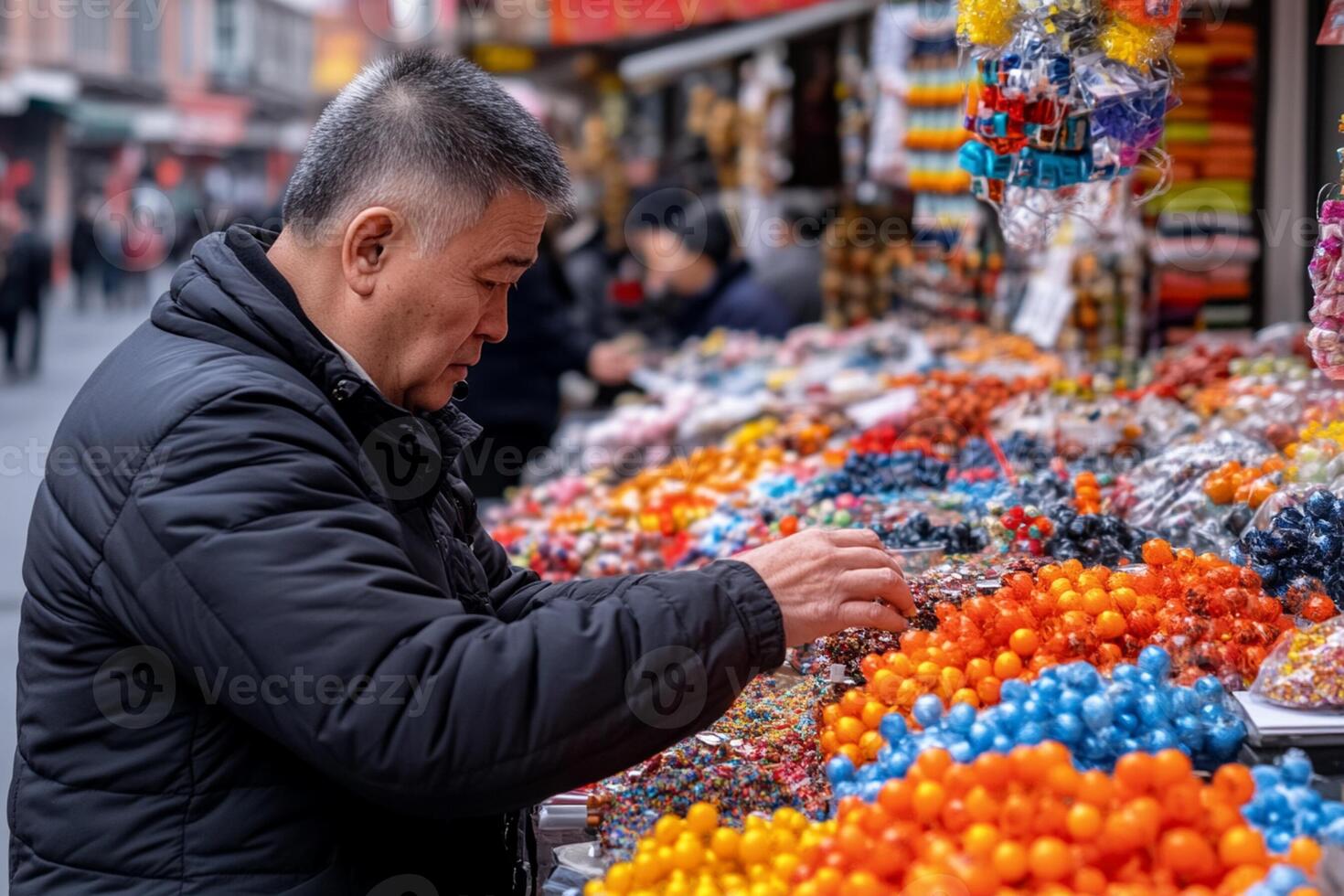 A man is looking at a display of colorful candy photo