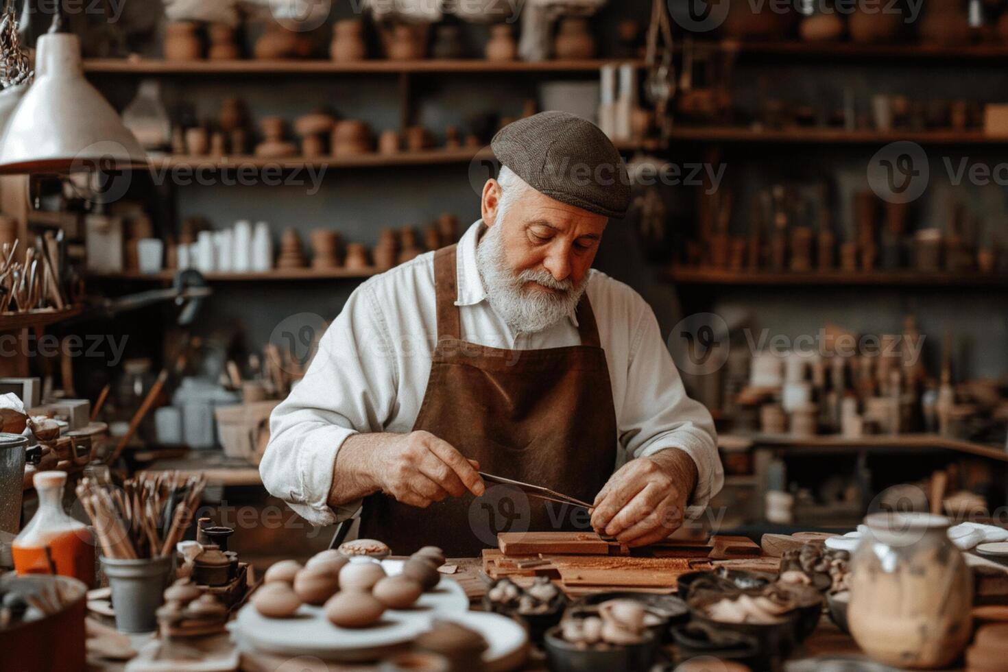 An old man working in his workshop with many tools photo
